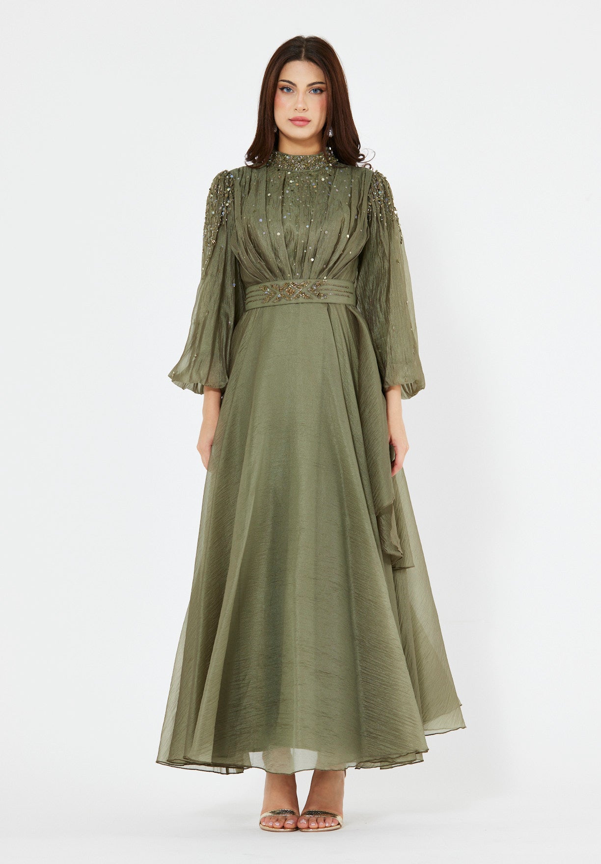 Bishop Sleeves Embellished Organza Gown with Pleats