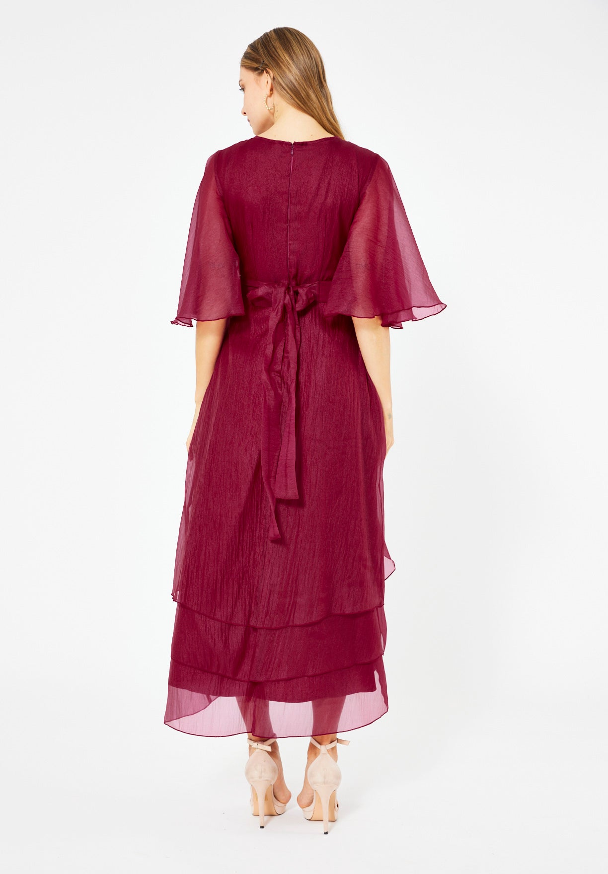 Flutter Sleeves Embellished Layered Midi Dress in Crinkle Organza