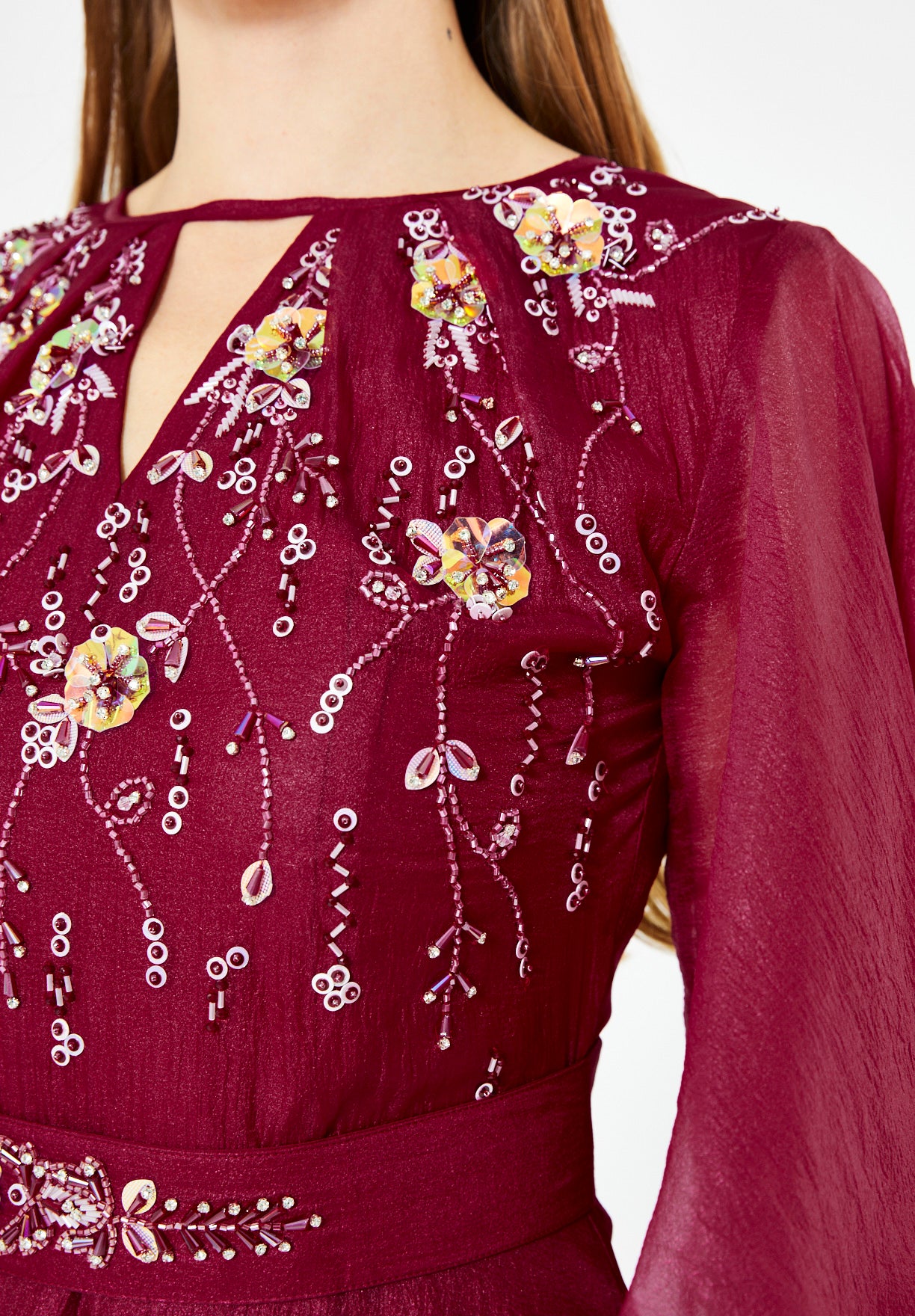 Flutter Sleeves Embellished Layered Midi Dress in Crinkle Organza