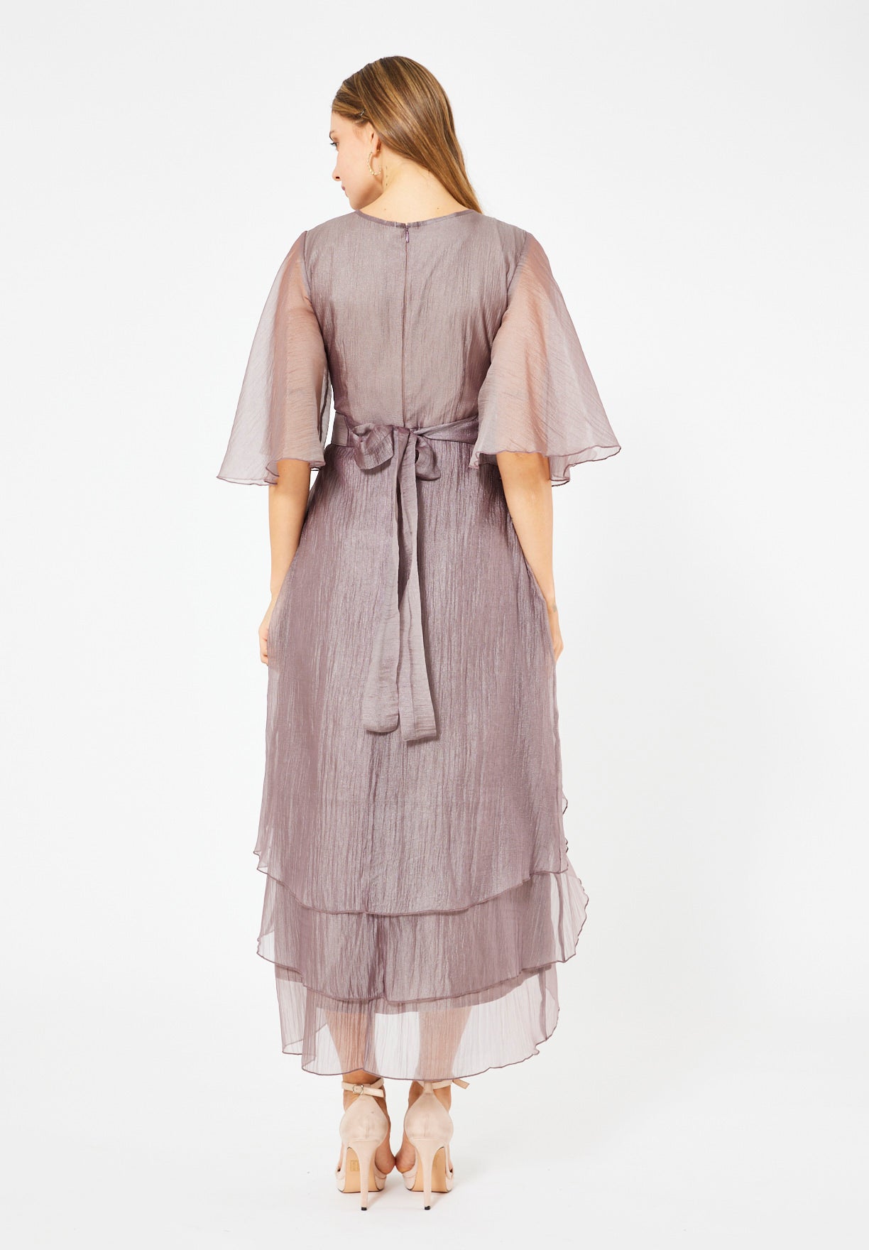 Flutter Sleeves Embellished Layered Midi Dress in Crinkle Organza