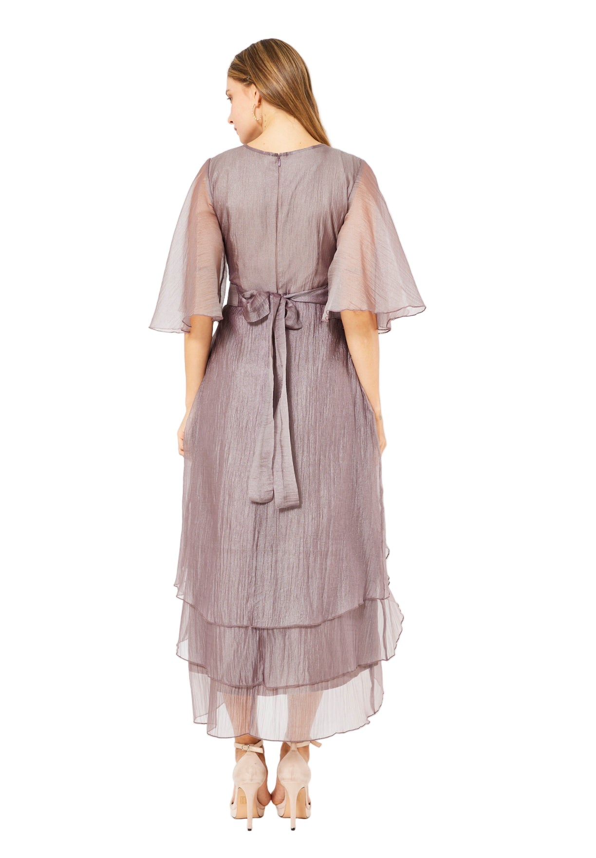 Flutter Sleeves Embellished Layered Midi Dress in Crinkle Organza