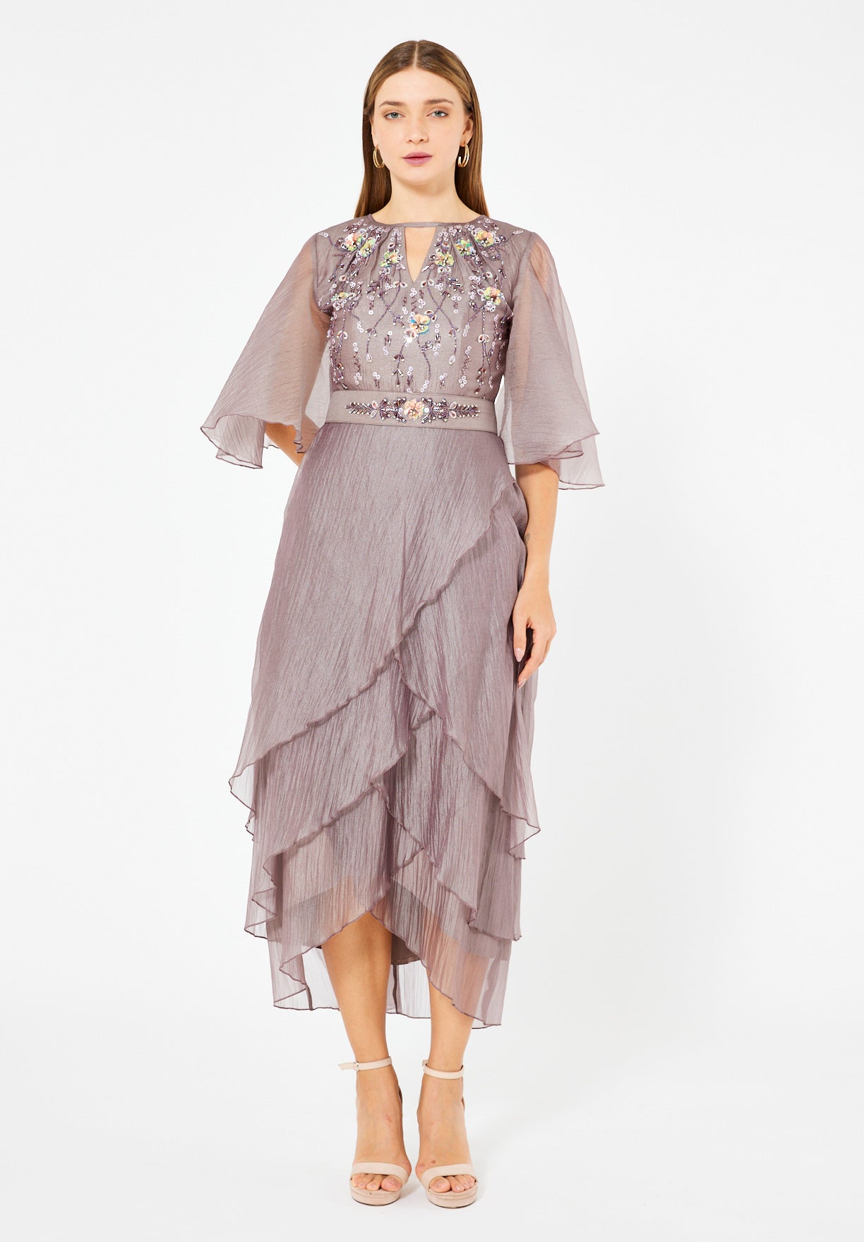 Flutter Sleeves Embellished Layered Midi Dress in Crinkle Organza