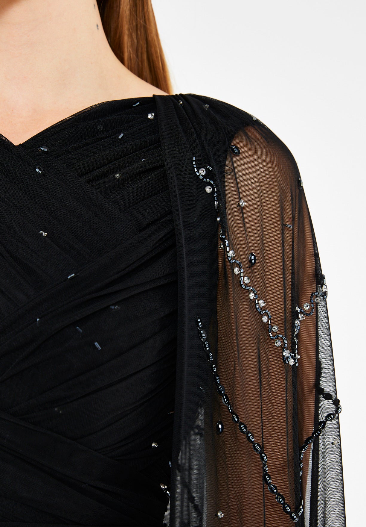 Ethereal Tulle Gown with Embellished Cape Sleeves