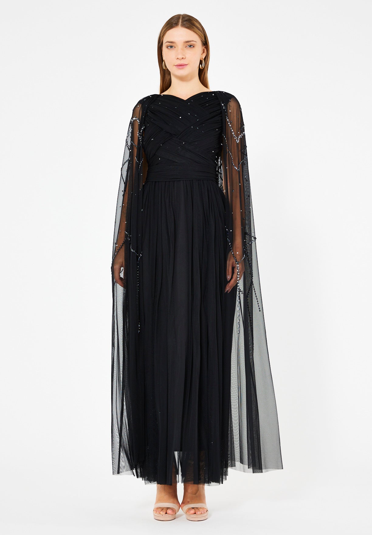 Ethereal Tulle Gown with Embellished Cape Sleeves