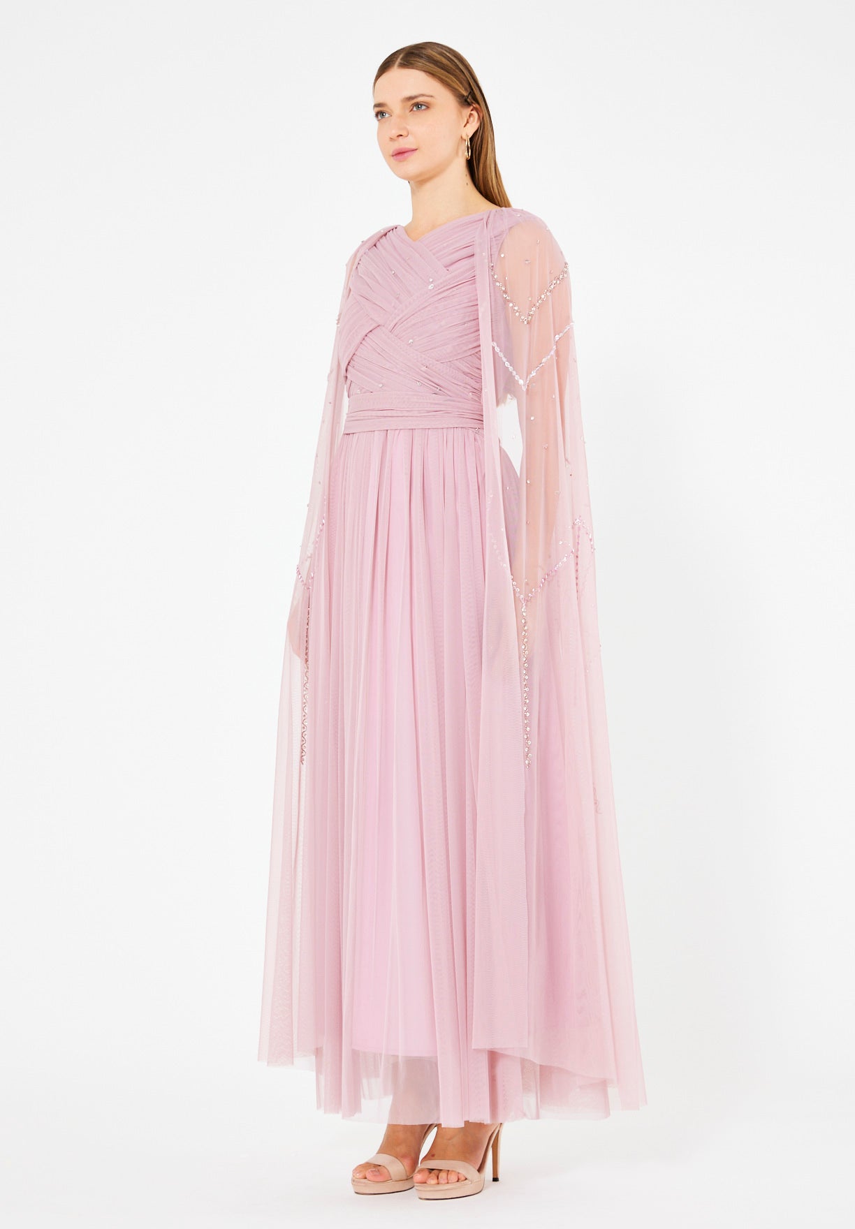 Ethereal Tulle Gown with Embellished Cape Sleeves