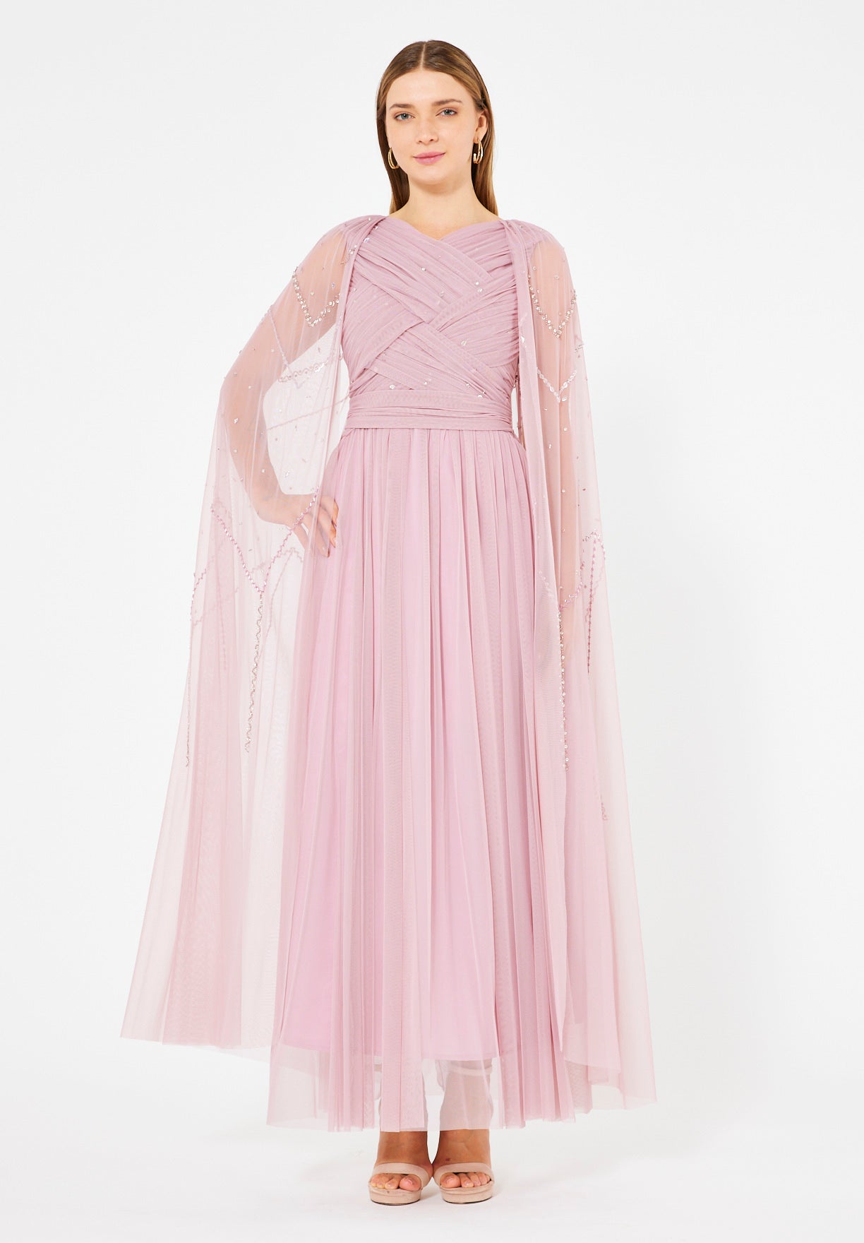 Ethereal Tulle Gown with Embellished Cape Sleeves