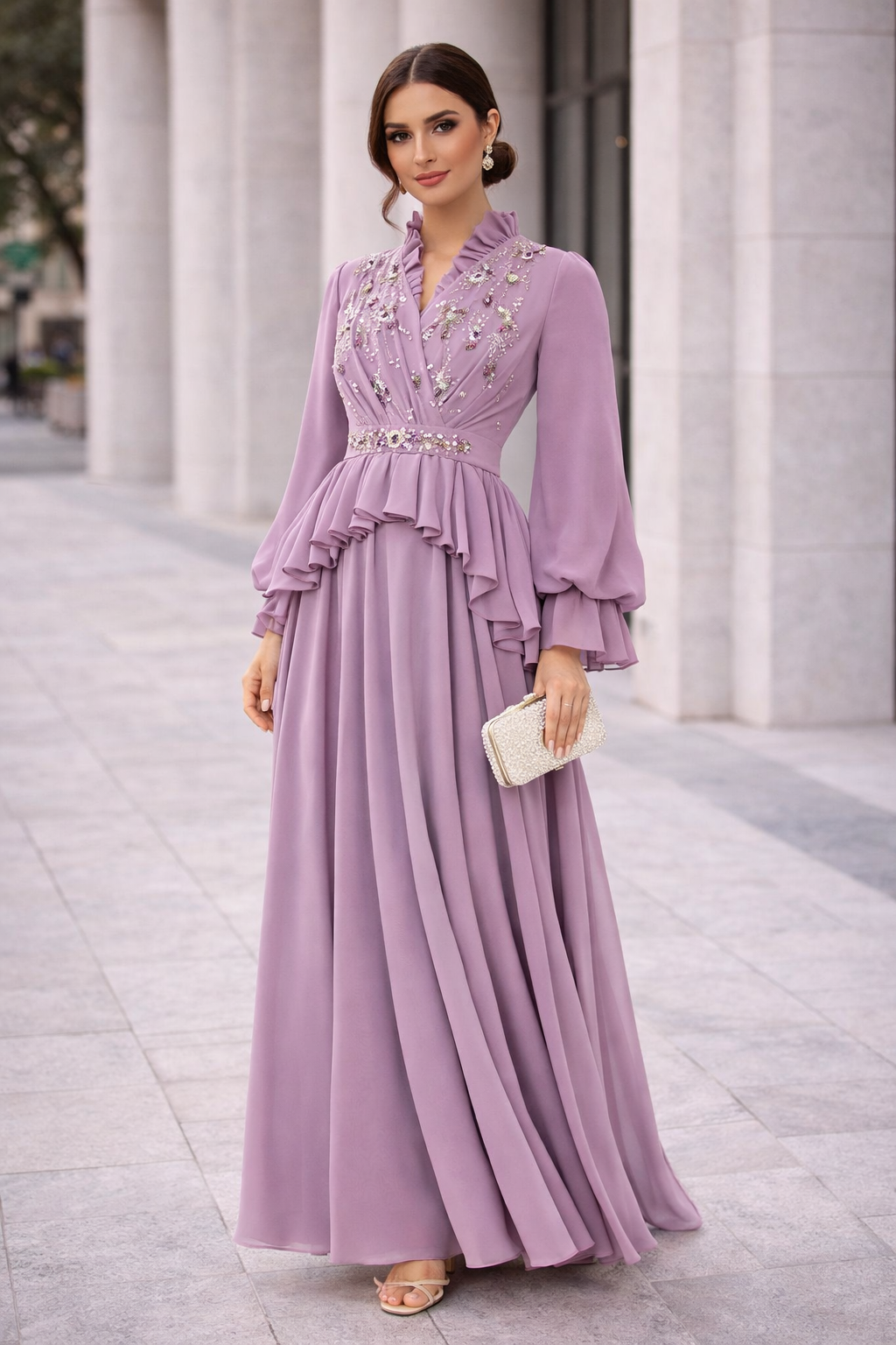 Ruffled Neck Embellished Wrap Gown