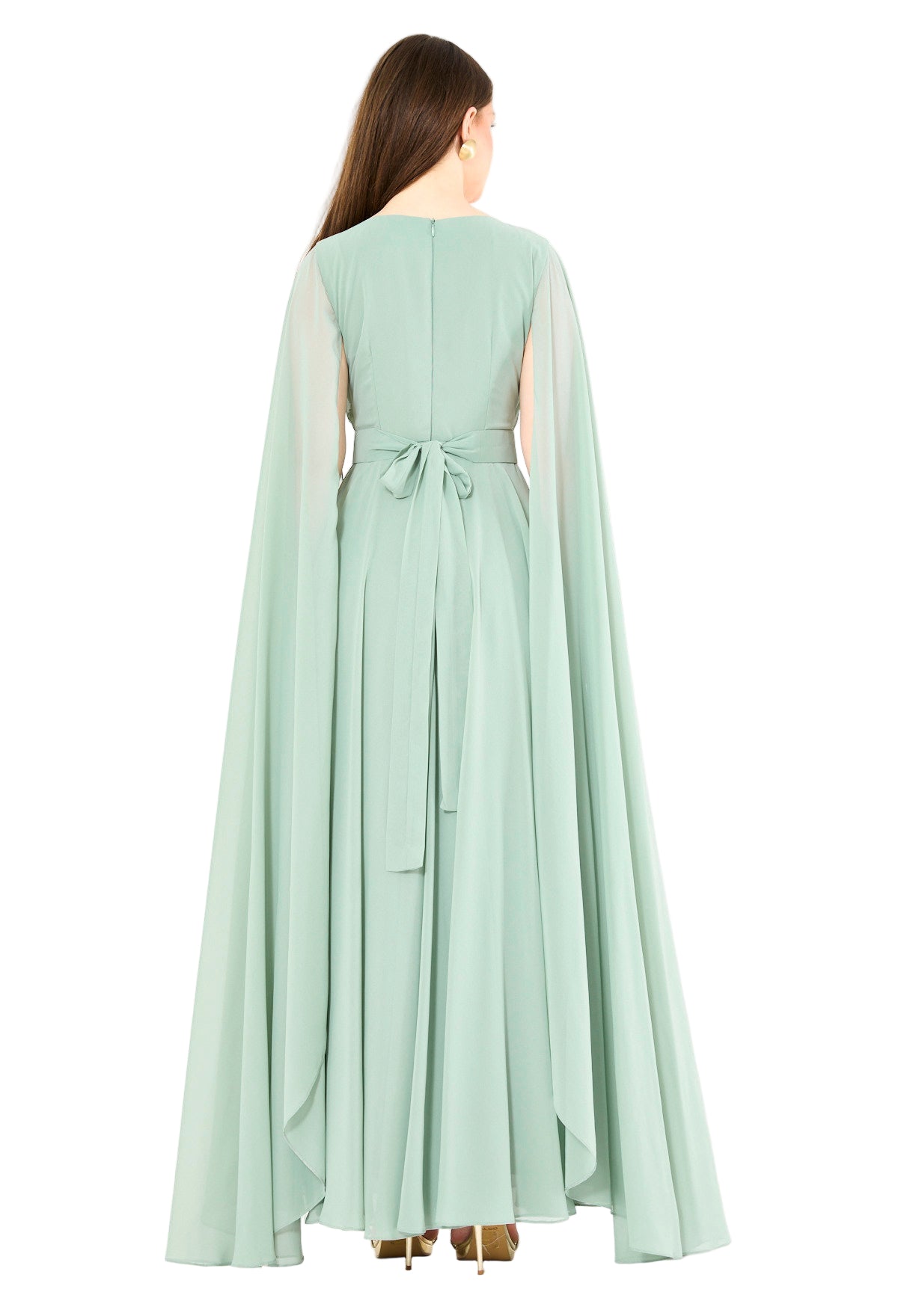 Wrap-Style Layered Chiffon Embellished Gown with Cape Sleeves