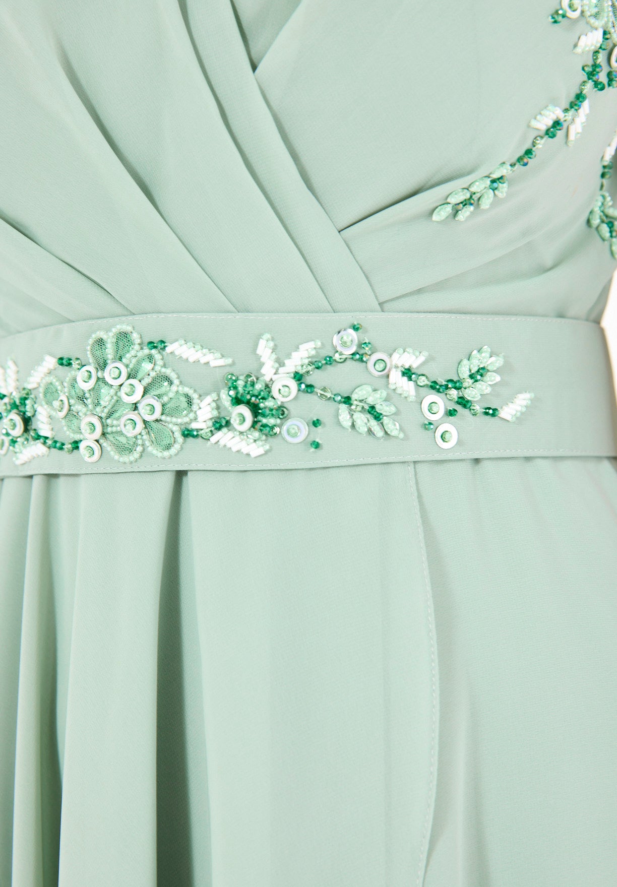 Wrap-Style Layered Chiffon Embellished Gown with Cape Sleeves