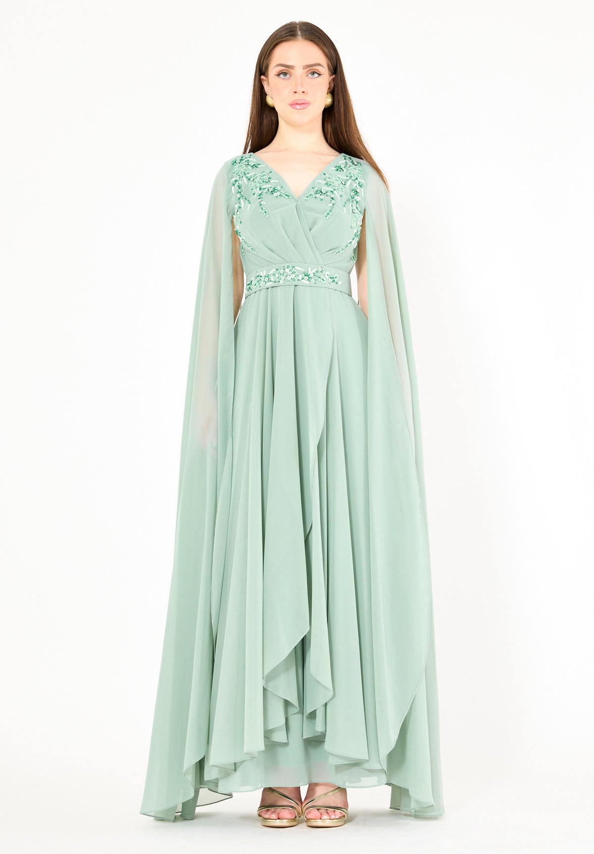 Embellished Chiffon Cape Gown