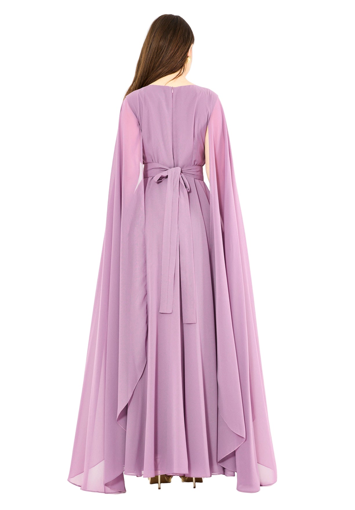 Wrap-Style Layered Chiffon Embellished Gown with Cape Sleeves