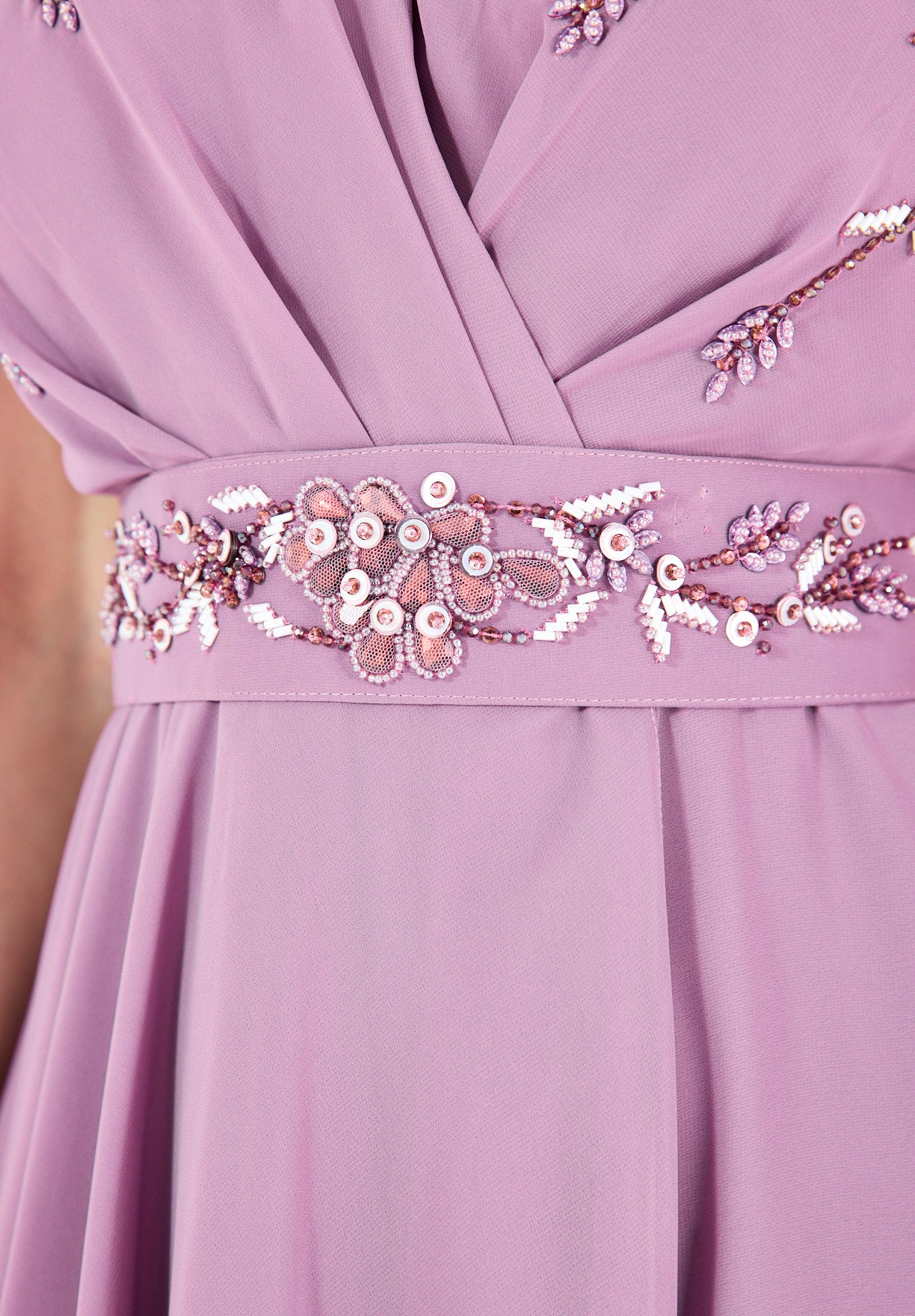 Wrap-Style Layered Chiffon Embellished Gown with Cape Sleeves