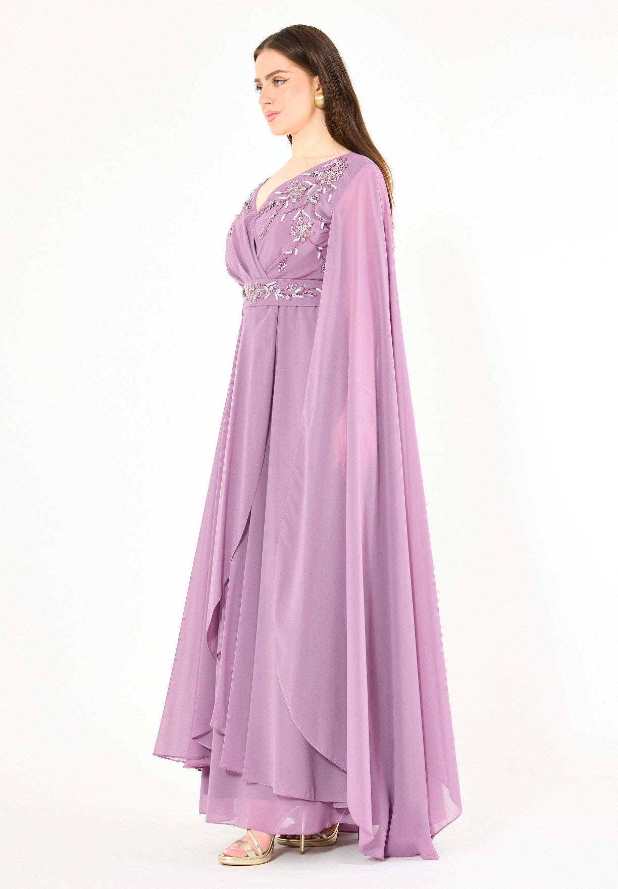 Wrap-Style Layered Chiffon Embellished Gown with Cape Sleeves