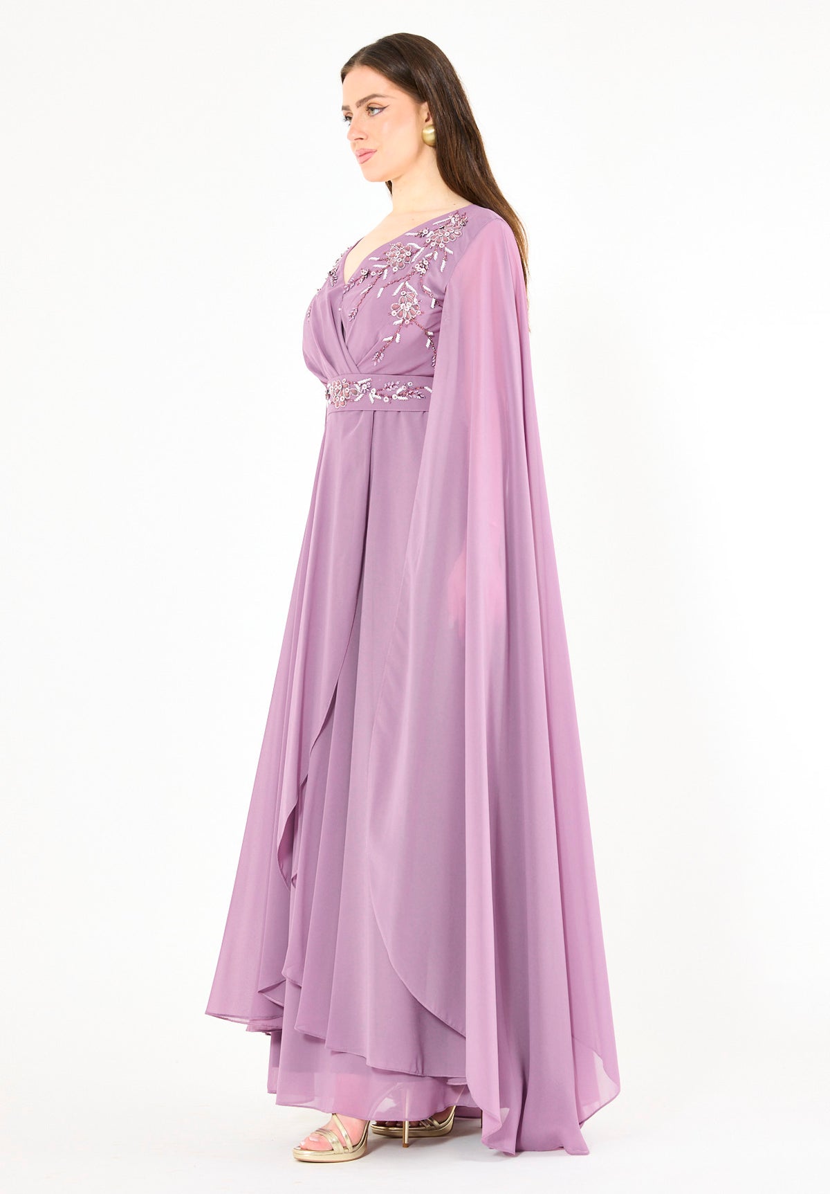 Embellished Chiffon Cape Gown