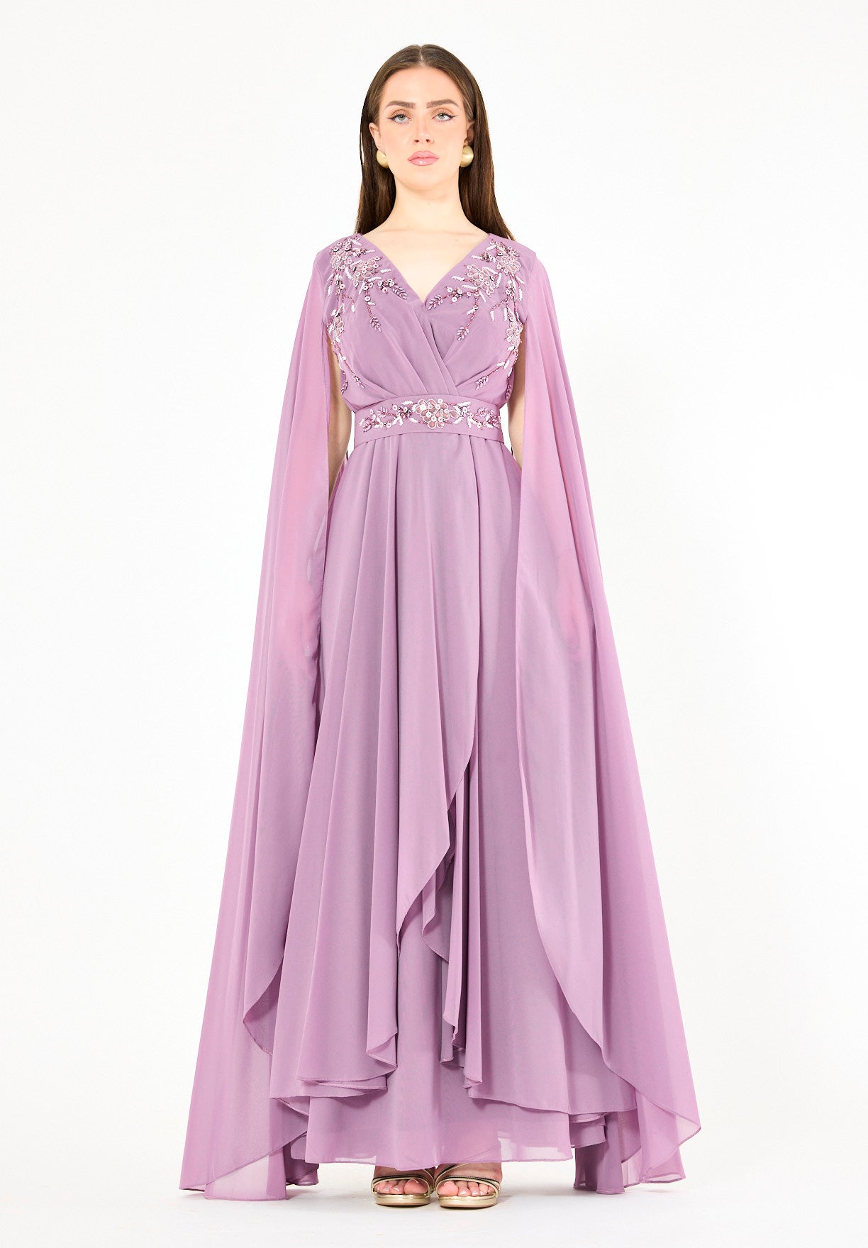 Wrap-Style Layered Chiffon Embellished Gown with Cape Sleeves