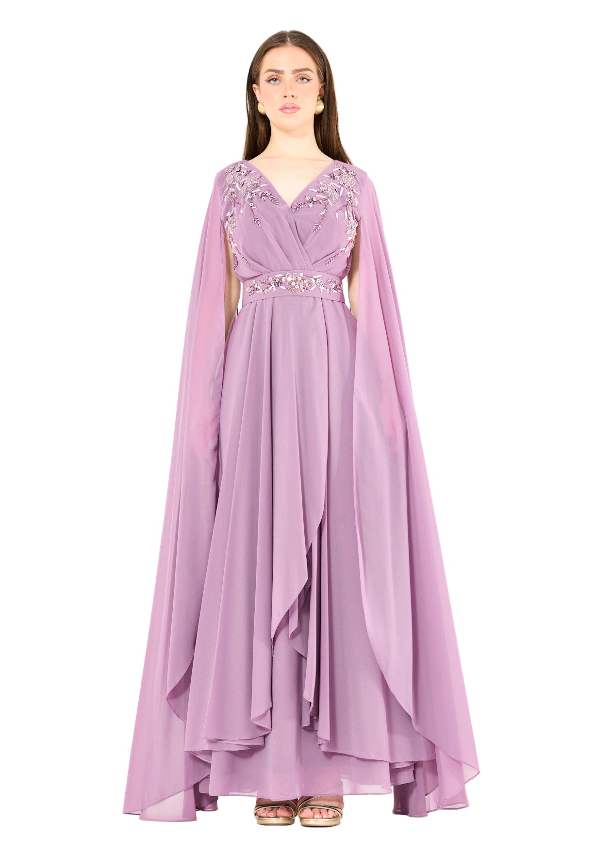 Wrap-Style Layered Chiffon Embellished Gown with Cape Sleeves