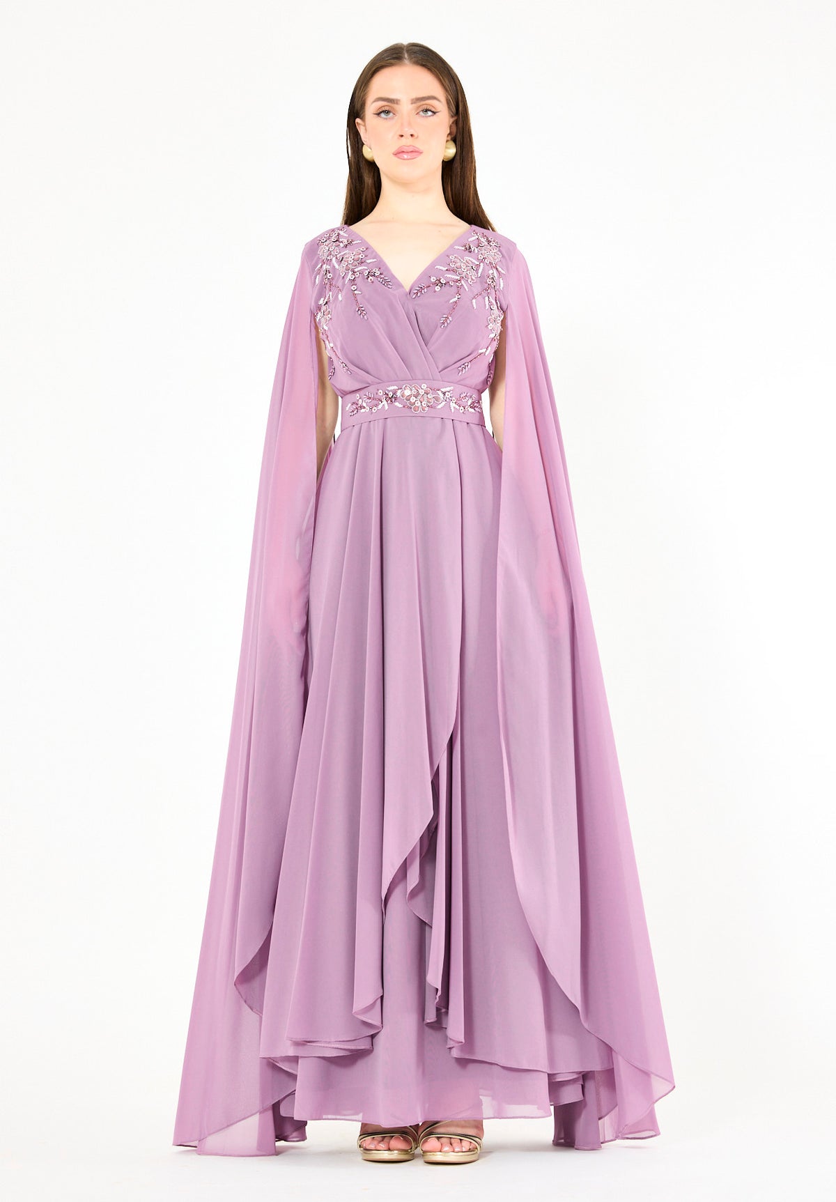 Embellished Chiffon Cape Gown