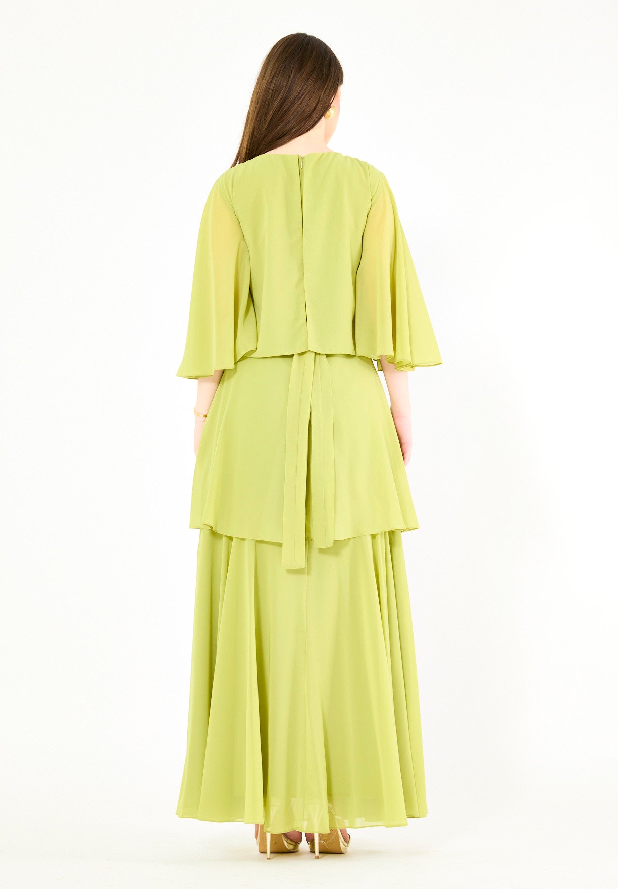 Embellished Layered Gown with Overlay Flared Sleeves