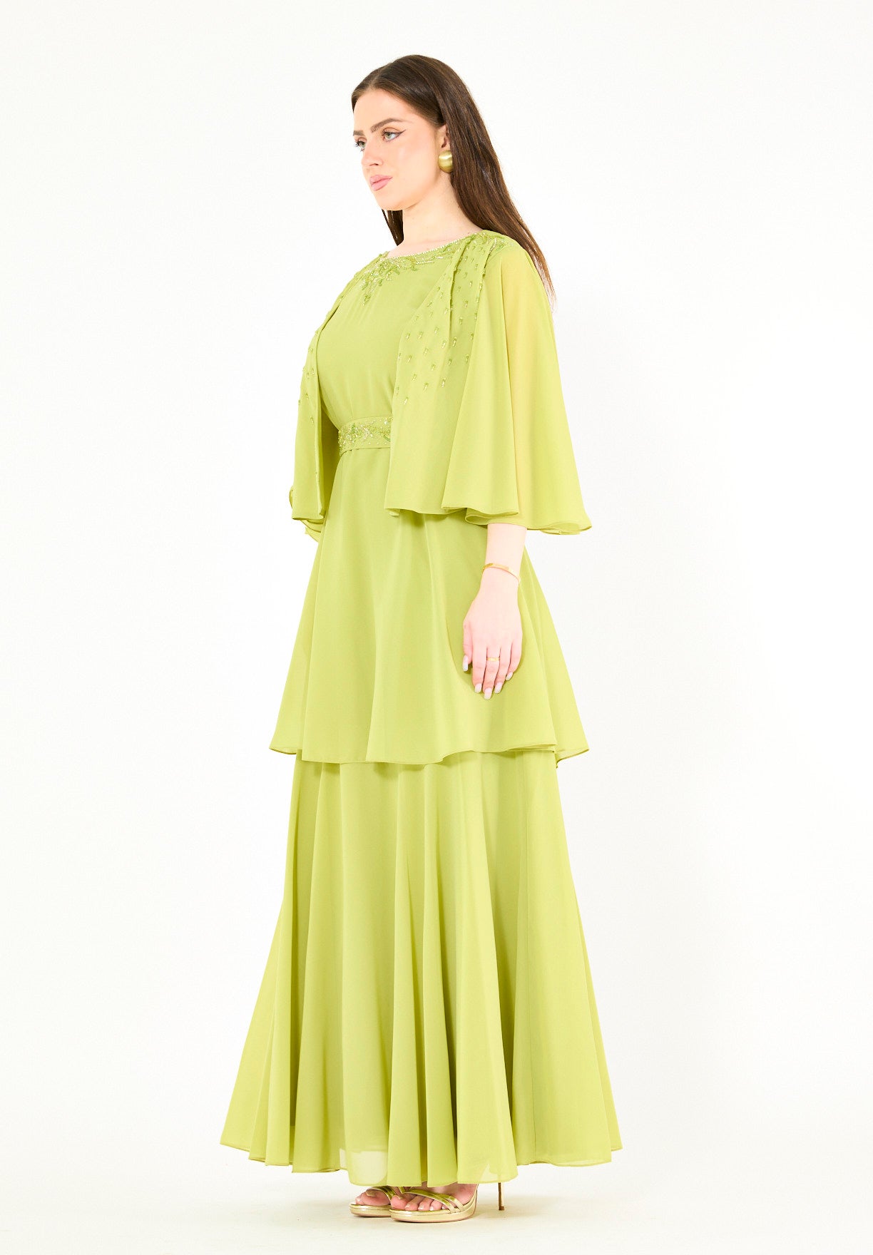 Embellished Layered Gown with Overlay Flared Sleeves