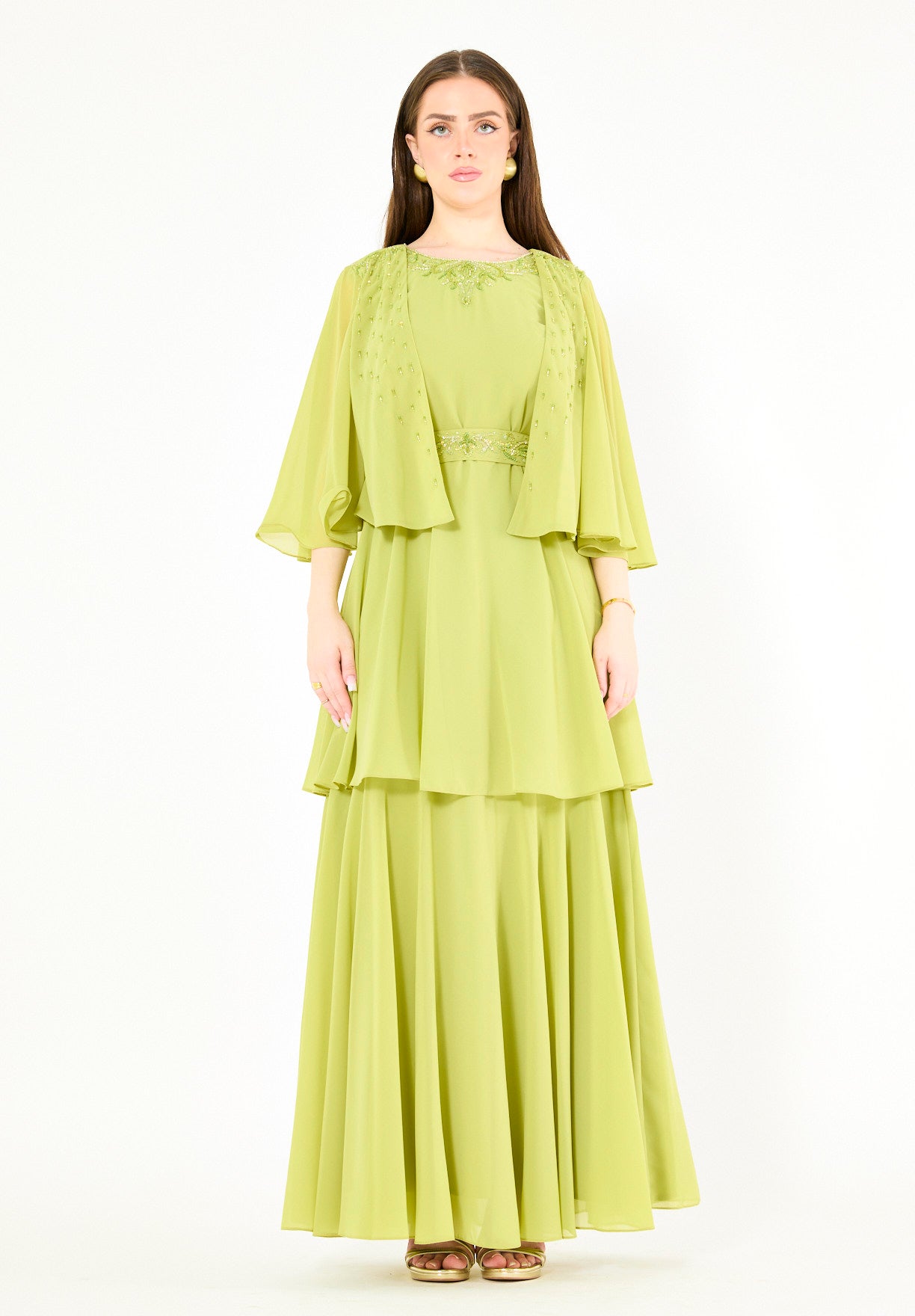 Embellished Layered Gown with Overlay Flared Sleeves