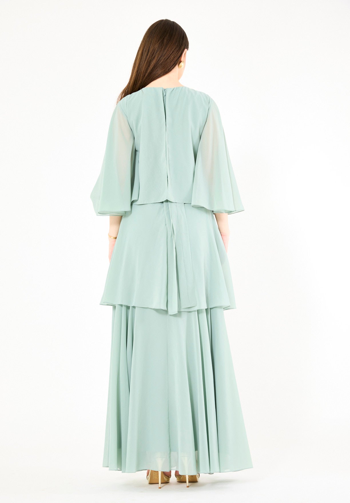 Embellished Layered Gown with Overlay Flared Sleeves