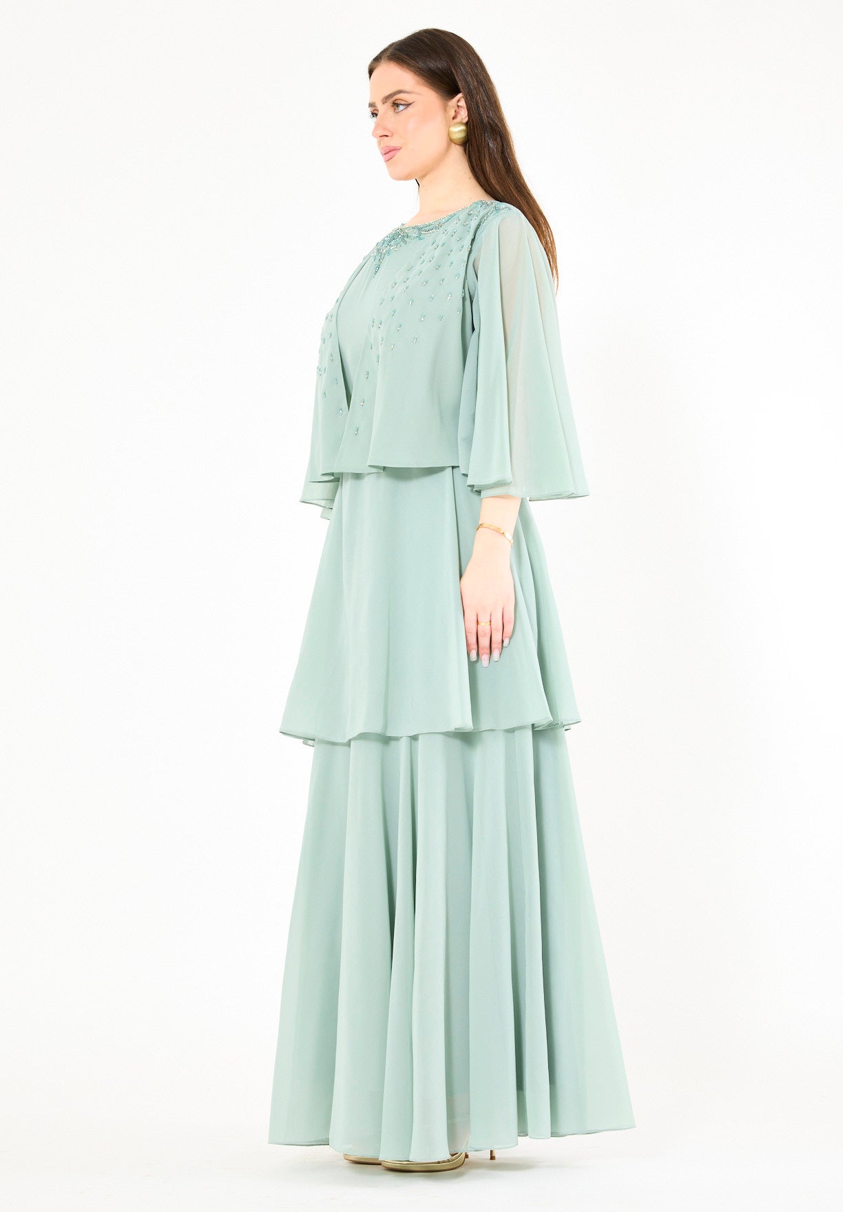 Embellished Layered Gown with Overlay Flared Sleeves