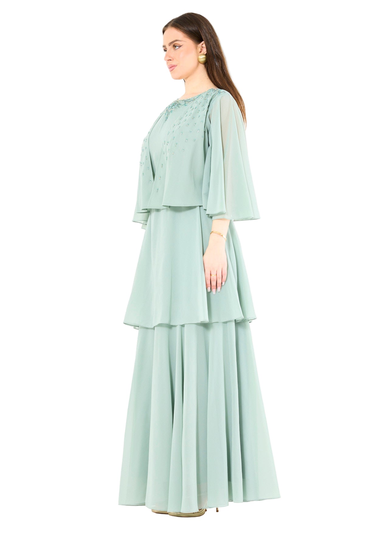 Embellished Layered Gown with Overlay Flared Sleeves