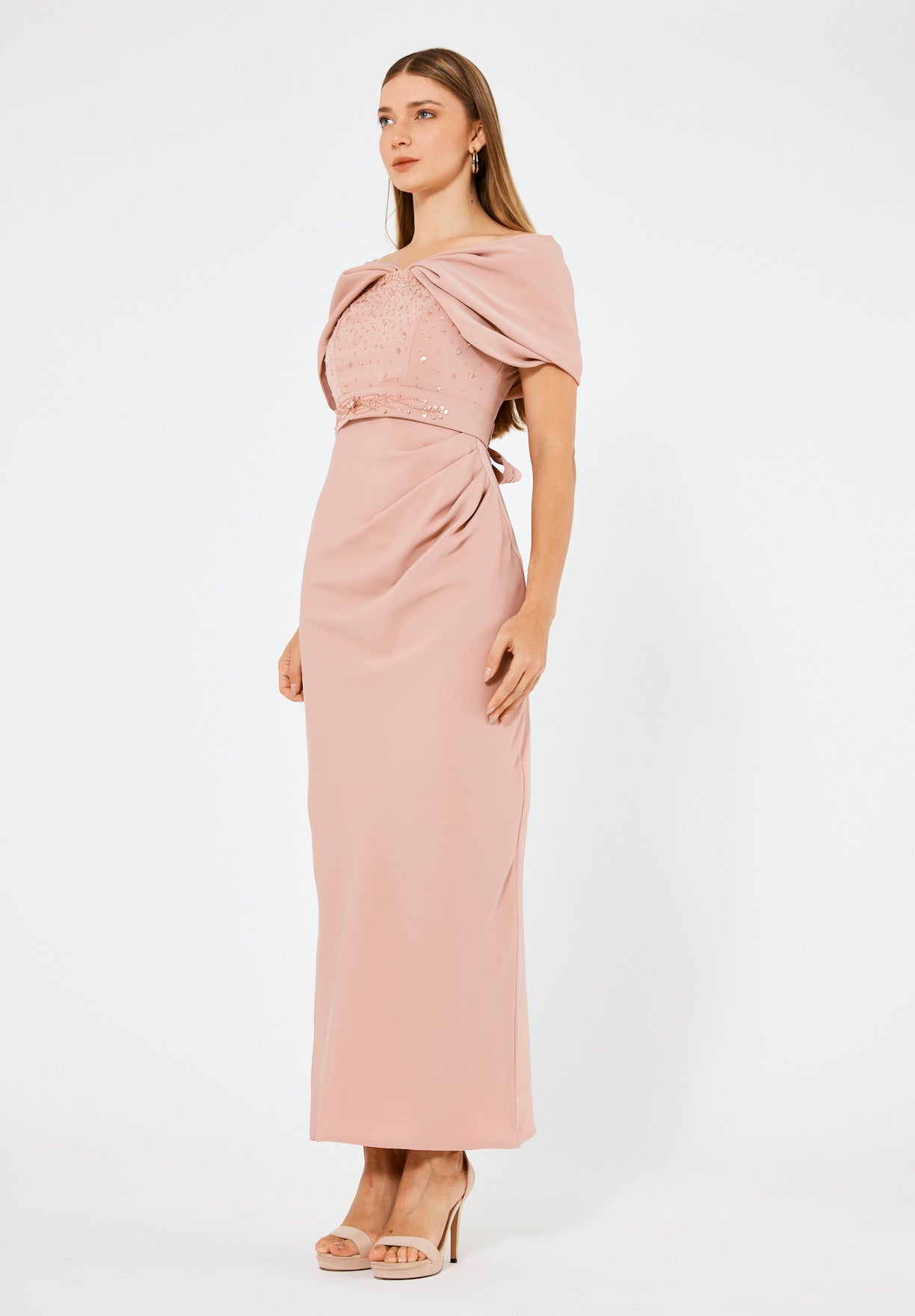 Off-The-Shoulder Draped Embellished Crepe Gown