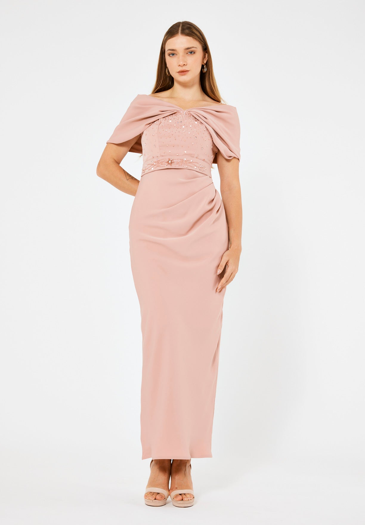Off-The-Shoulder Draped Embellished Crepe Gown