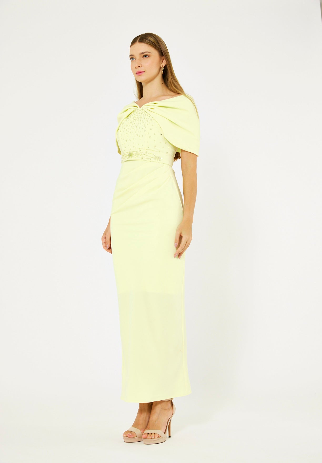 Off-The-Shoulder Draped Embellished Crepe Gown