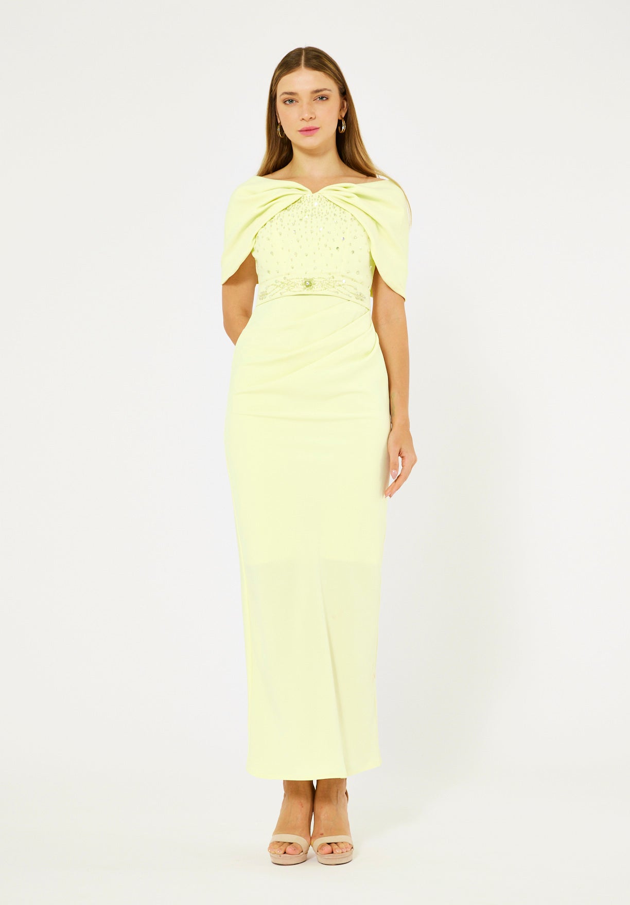 Off-The-Shoulder Draped Embellished Crepe Gown