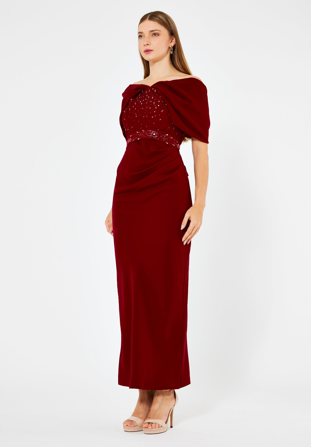 Off-The-Shoulder Draped Embellished Crepe Gown