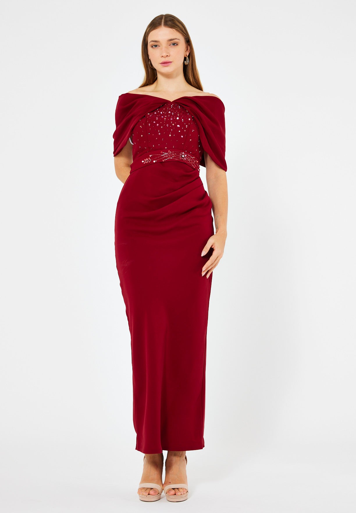 Off-The-Shoulder Draped Embellished Crepe Gown
