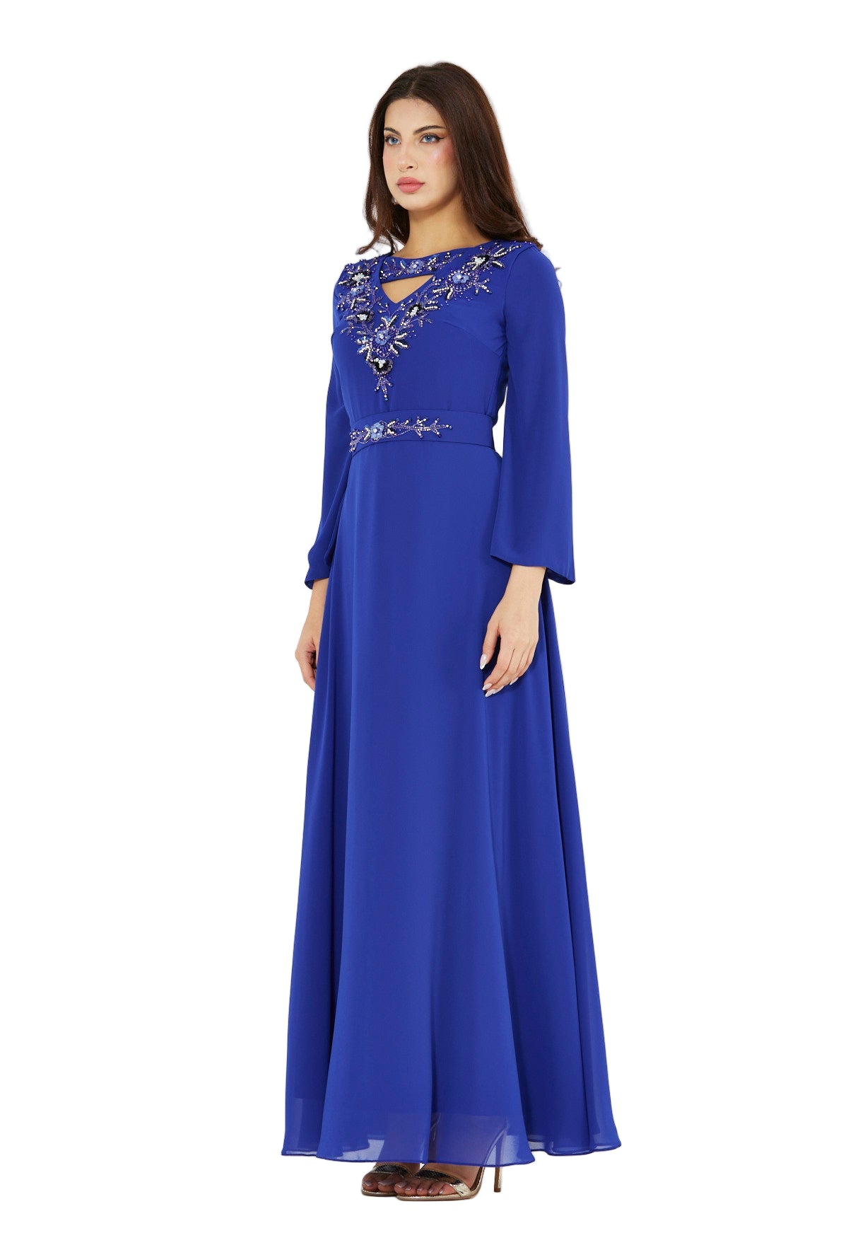 Regal Embellished Crepe Gown with Cut-out Neckline