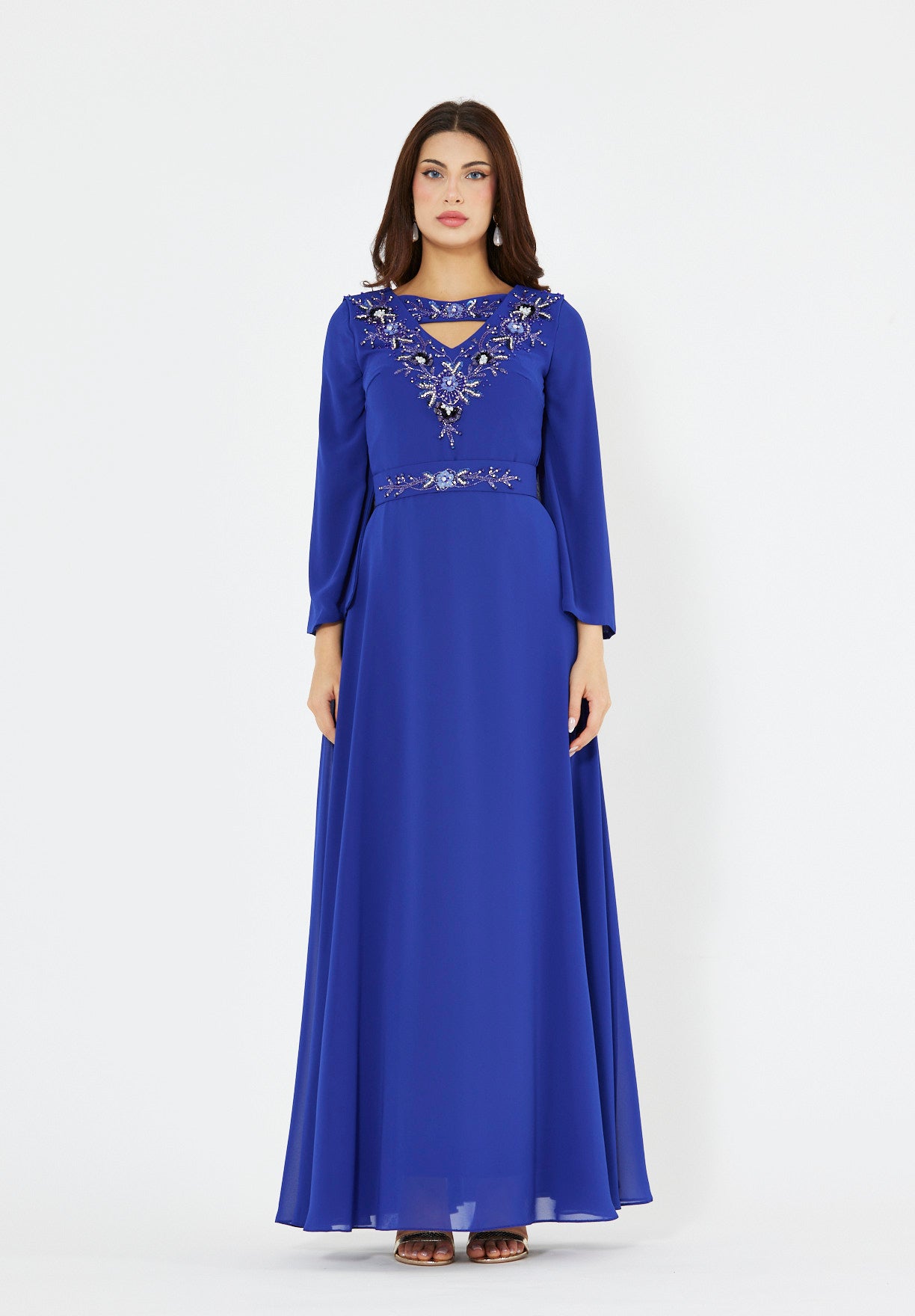 Regal Embellished Crepe Gown with Cut-out Neckline