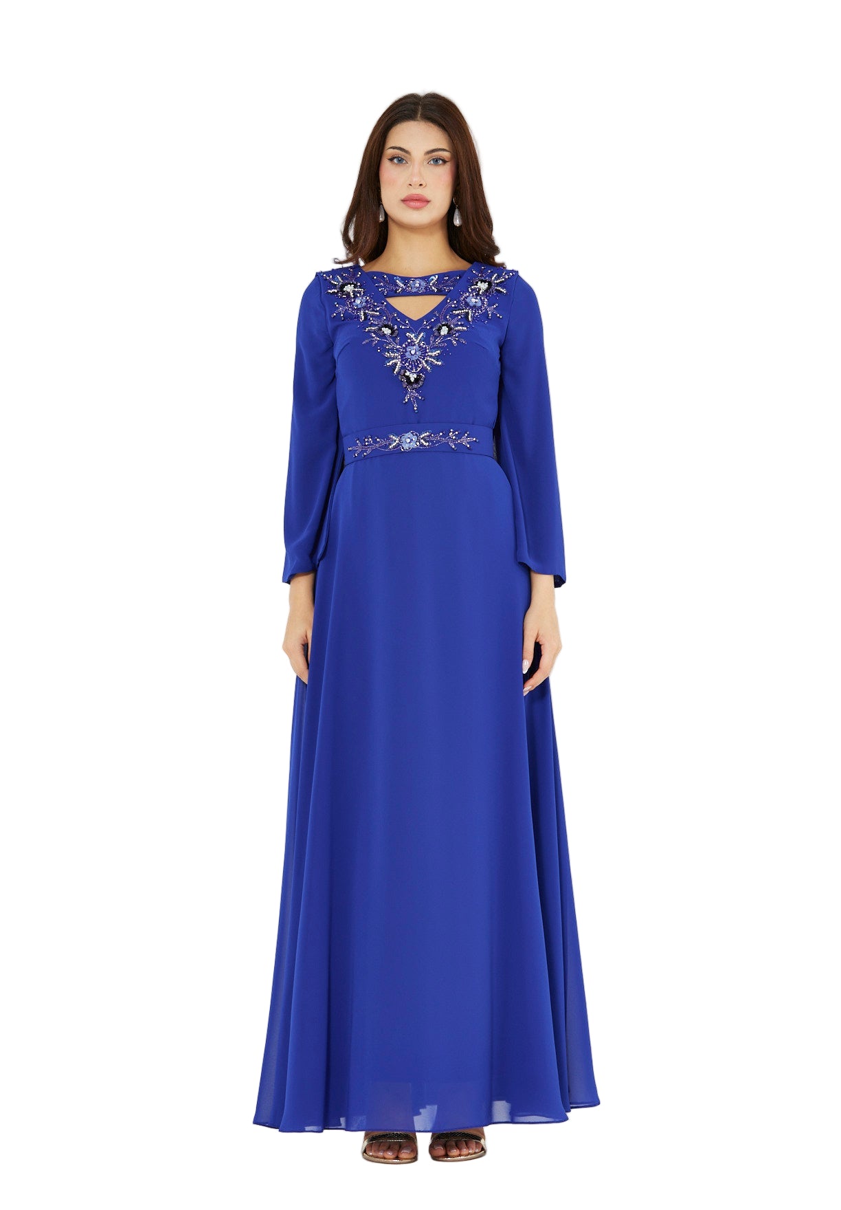 Regal Embellished Crepe Gown with Cut-out Neckline