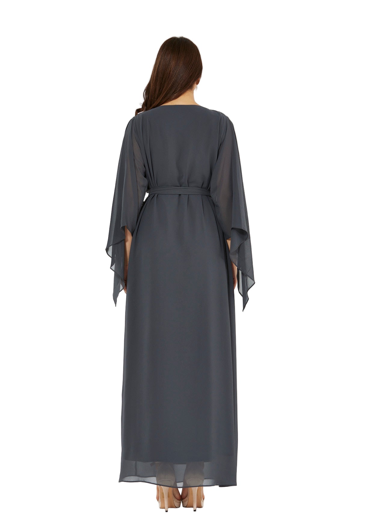 Seraphina Cape-Sleeve Gown with Radiant Bead Embellishment