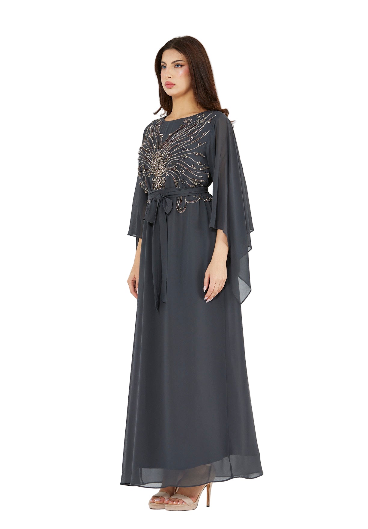 Seraphina Cape-Sleeve Gown with Radiant Bead Embellishment
