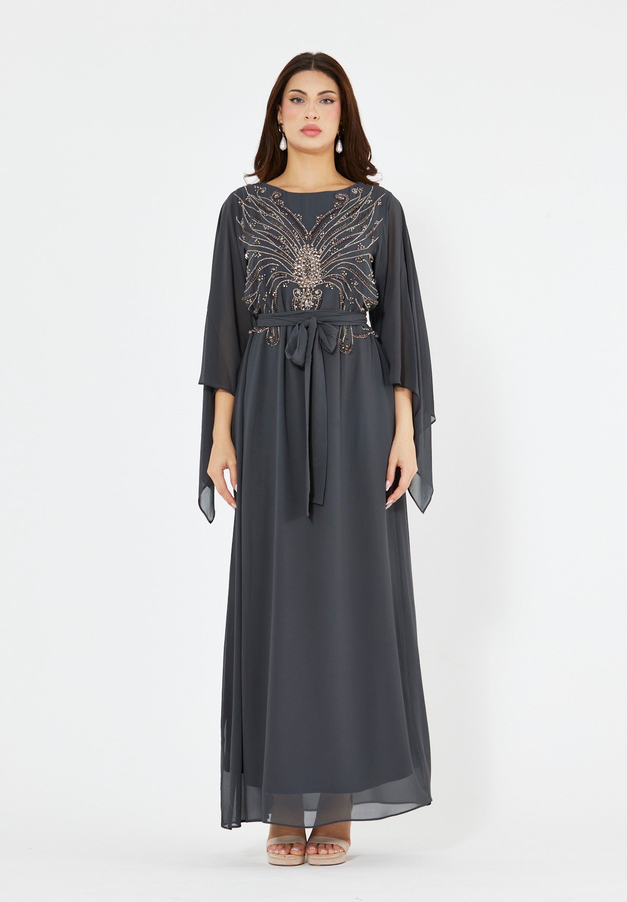 Seraphina Cape-Sleeve Gown with Radiant Bead Embellishment