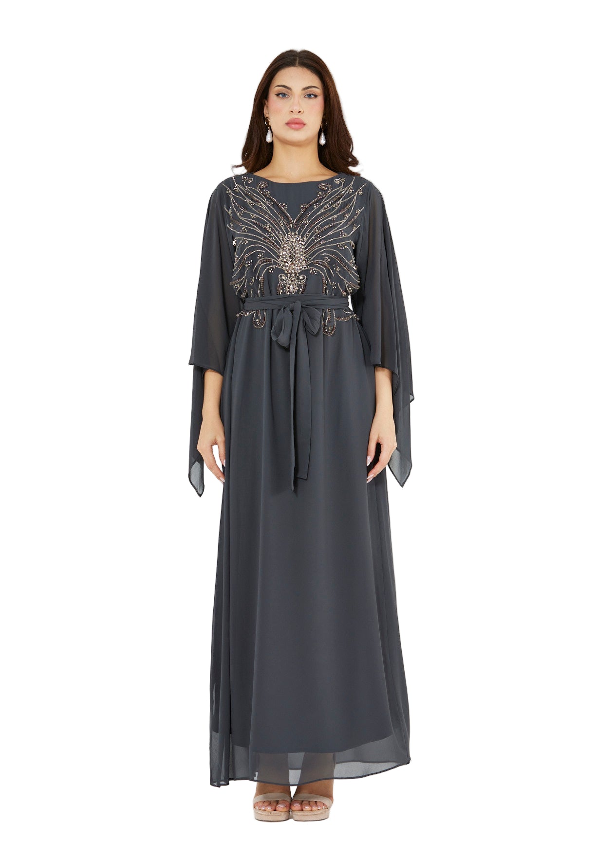 Seraphina Cape-Sleeve Gown with Radiant Bead Embellishment
