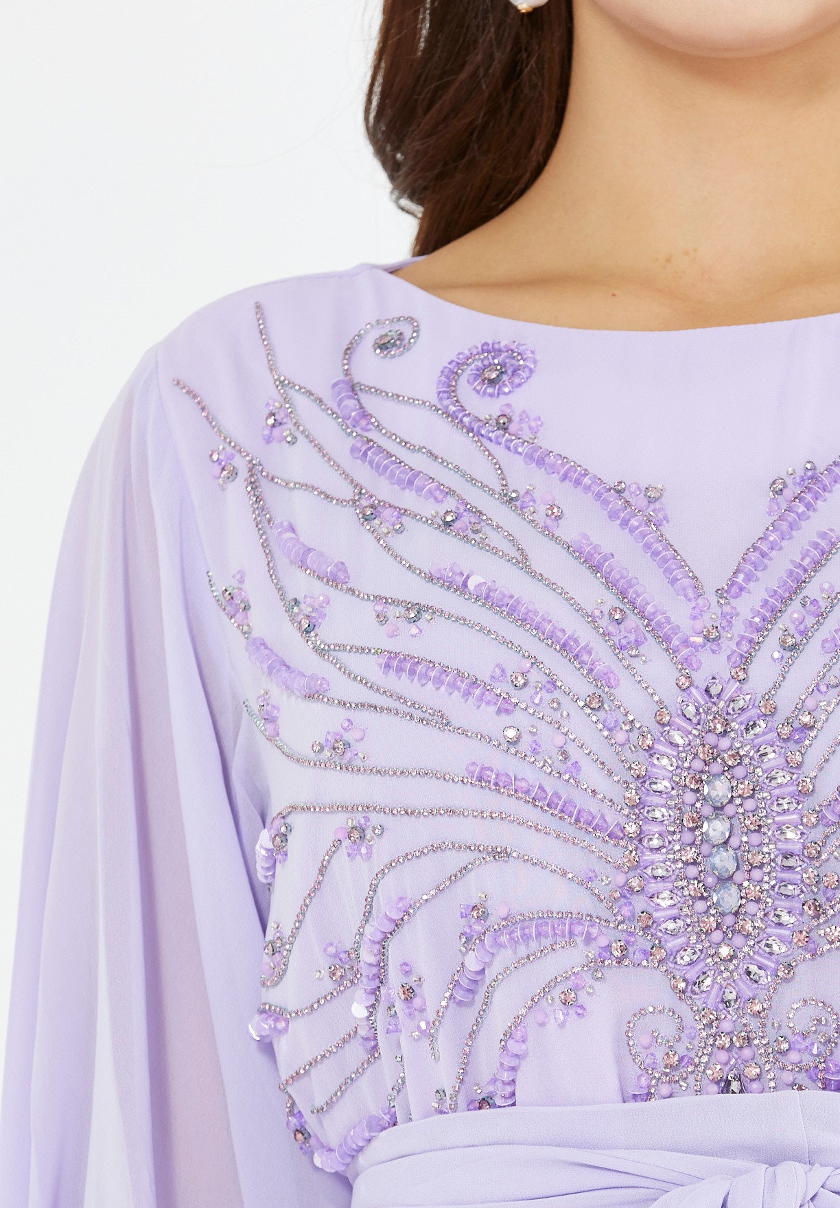 Seraphina Cape-Sleeve Gown with Radiant Bead Embellishment