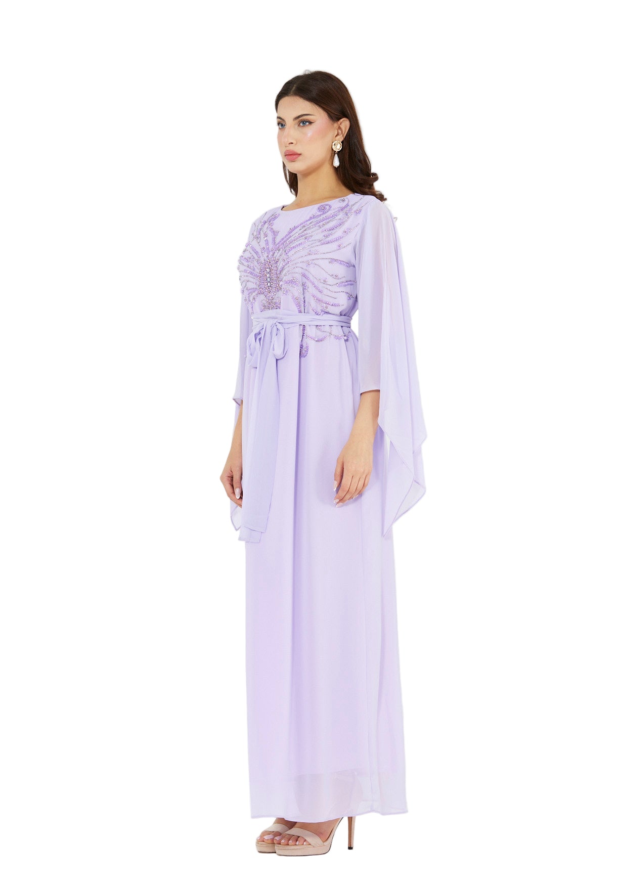 Seraphina Cape-Sleeve Gown with Radiant Bead Embellishment