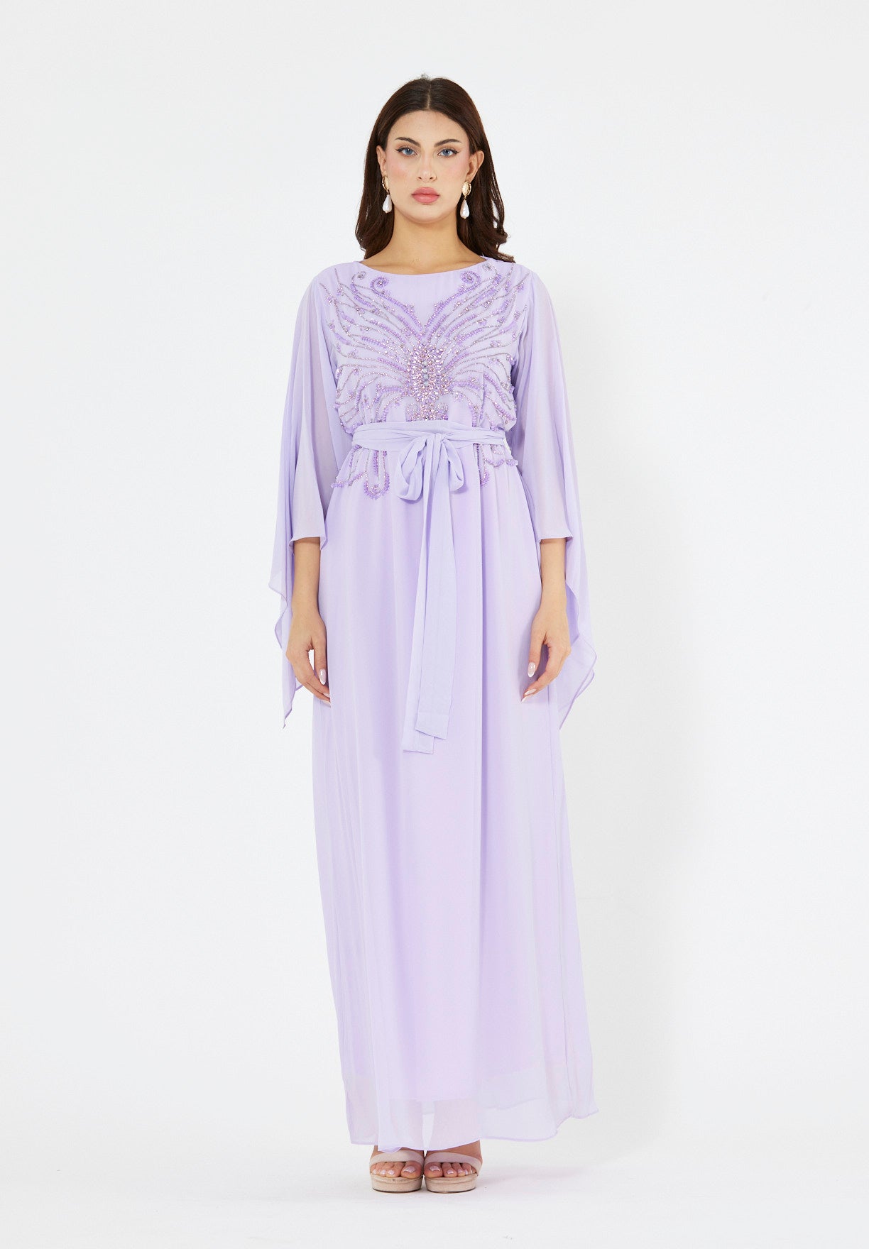 Seraphina Cape-Sleeve Gown with Radiant Bead Embellishment