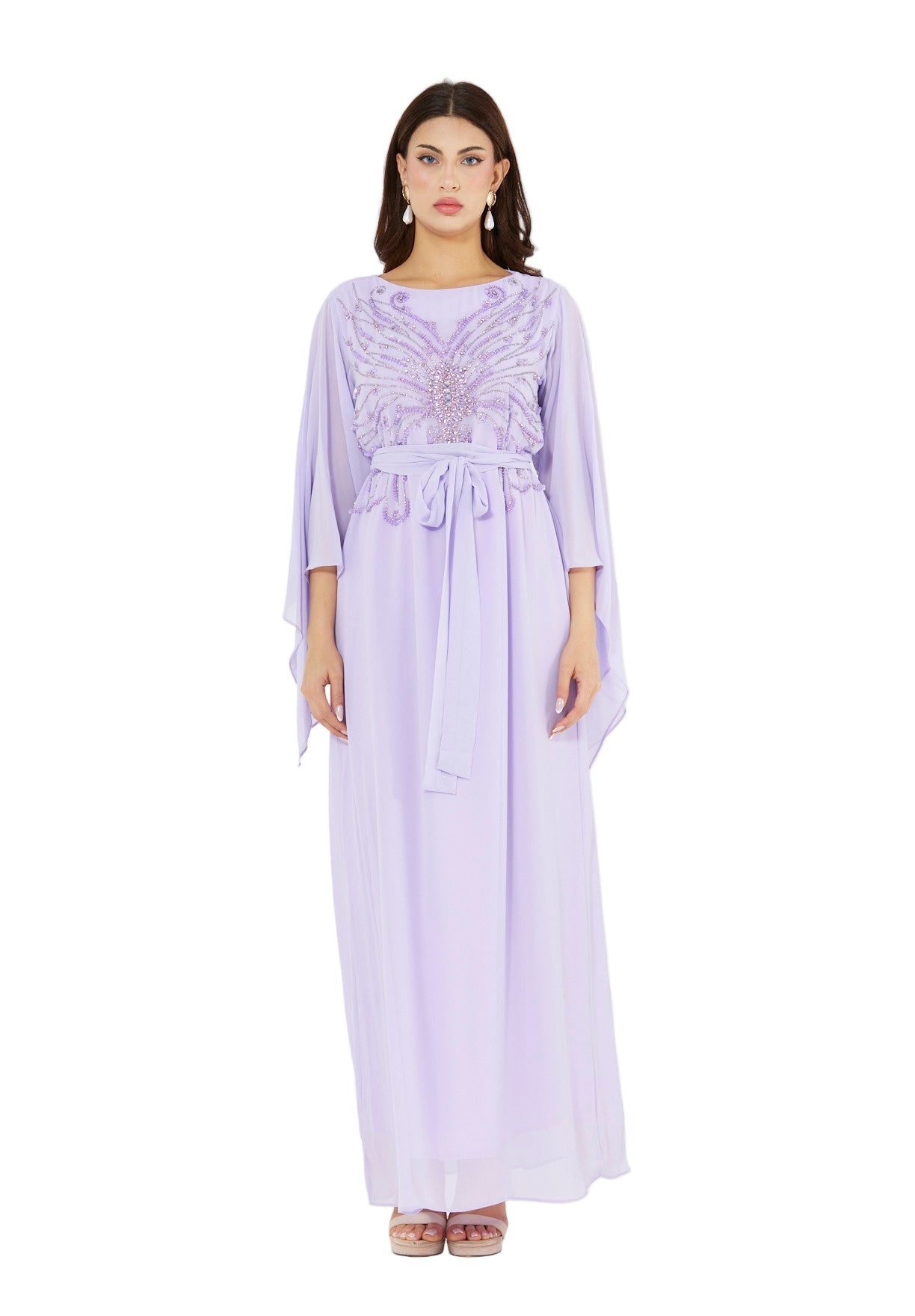 Seraphina Cape-Sleeve Gown with Radiant Bead Embellishment