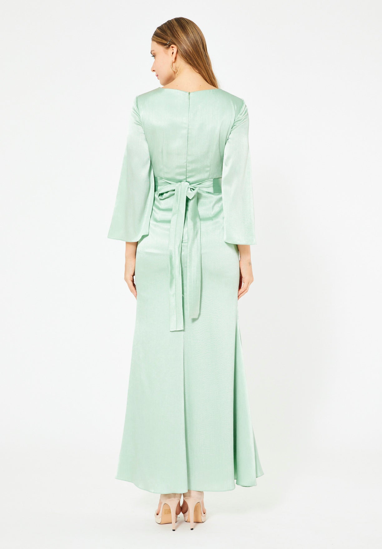 Geometric Embellished Luminous Structured Gown in Satin