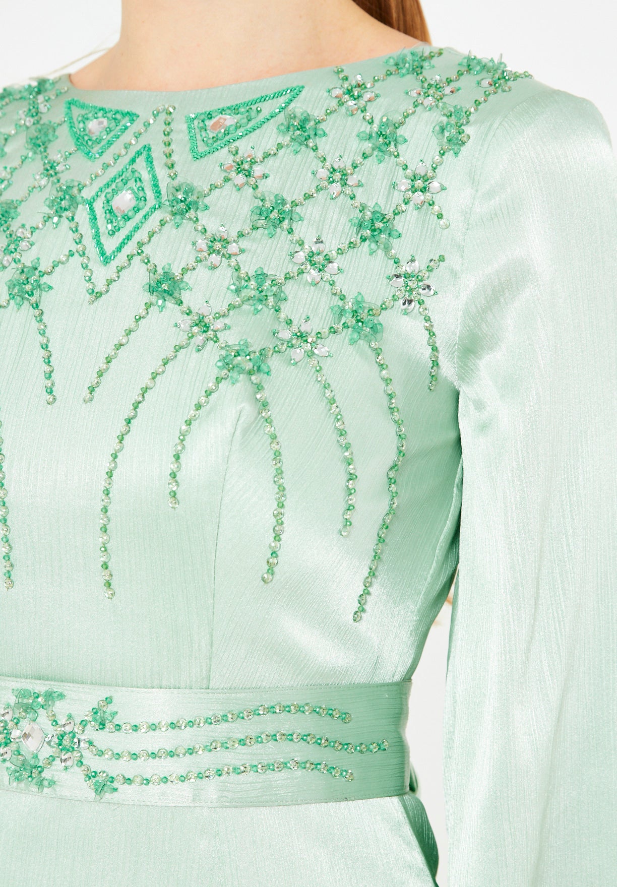 Geometric Embellished Luminous Structured Gown in Satin