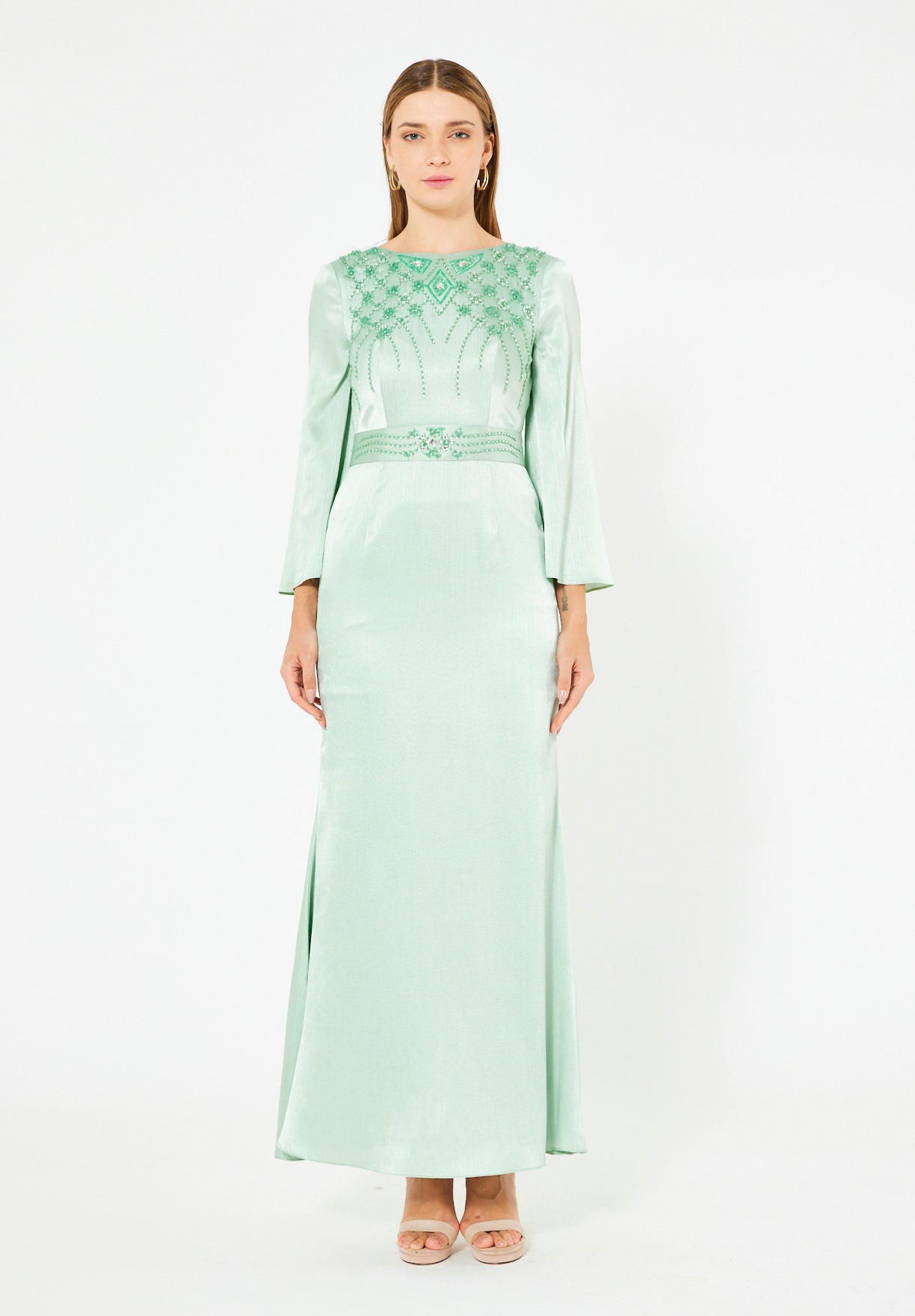 Geometric Embellished Luminous Structured Gown in Satin