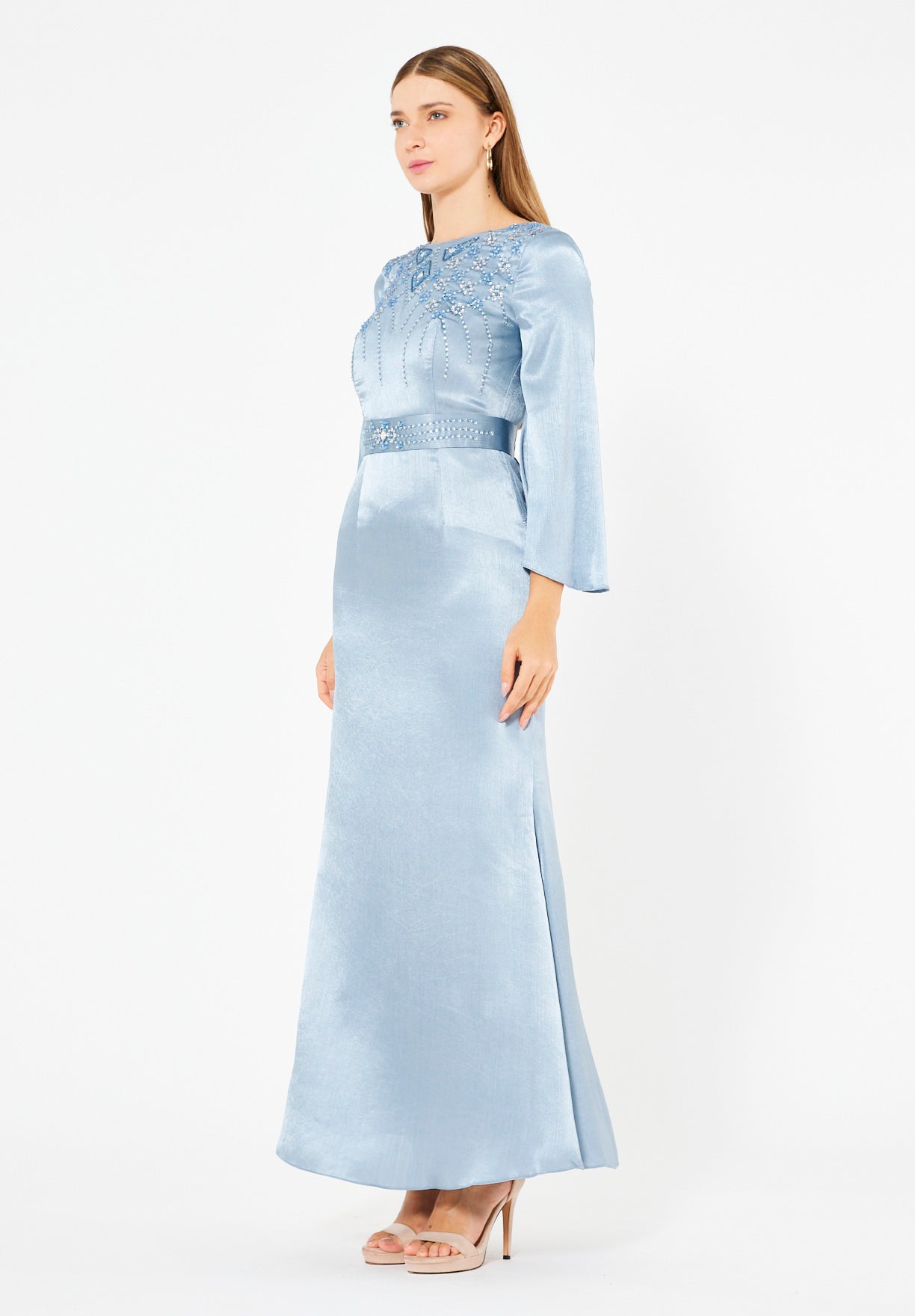 Geometric Embellished Luminous Structured Gown in Satin