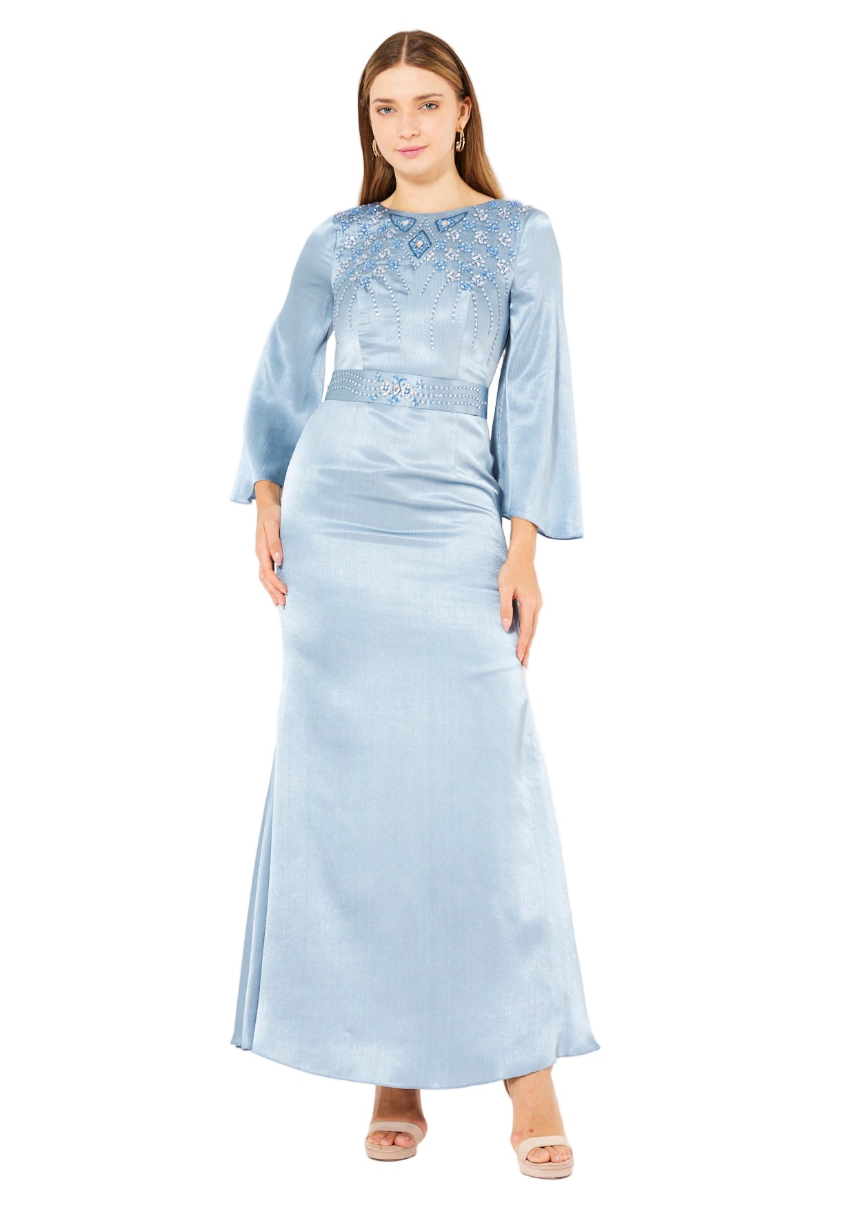 Geometric Embellished Luminous Structured Gown in Satin