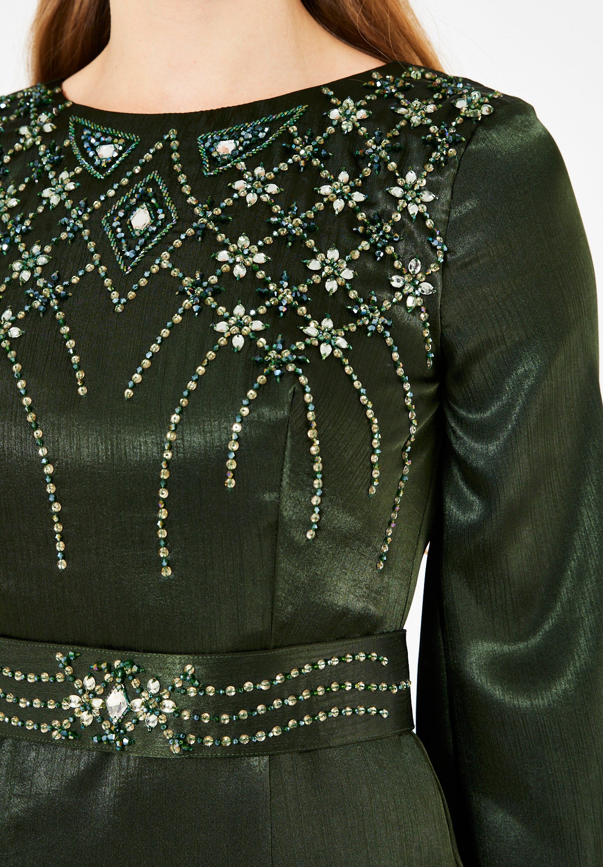 Geometric Embellished Luminous Structured Gown in Satin